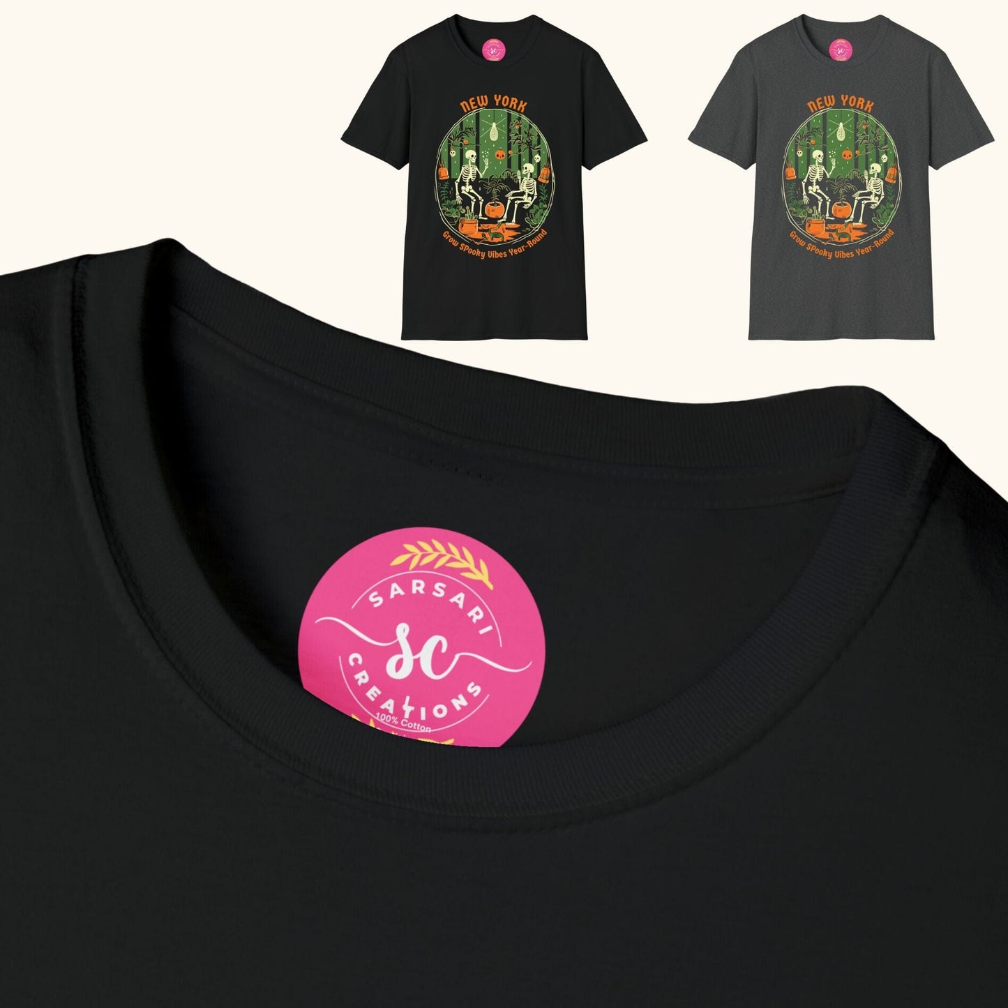 Close-up of collar fabric and snapshot of Trendy New York Halloweentown 2023 Skeleton Printed Youth Halloween Gildan G6400 Shirt