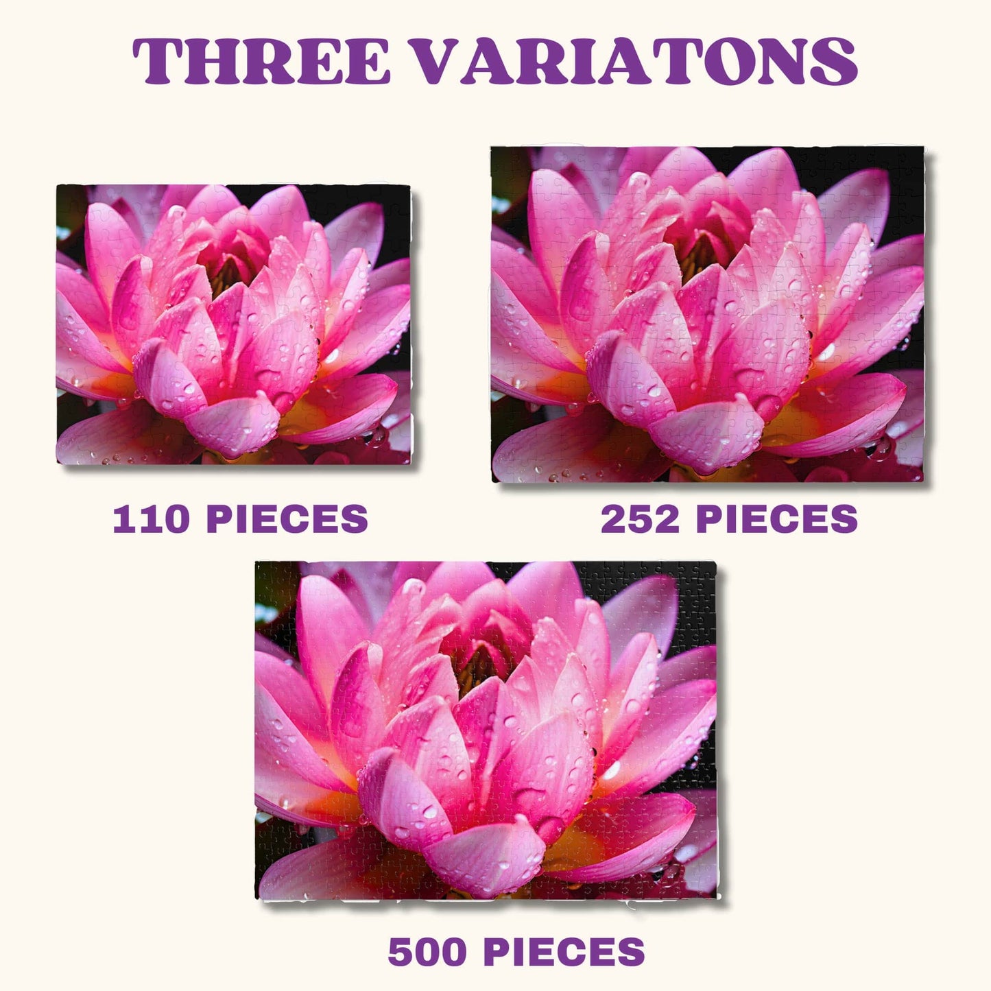 A selection of different puzzle variations of the vintage pink Nelumbo Nucifera flower, offering diverse designs and experiences for puzzle enthusiasts.