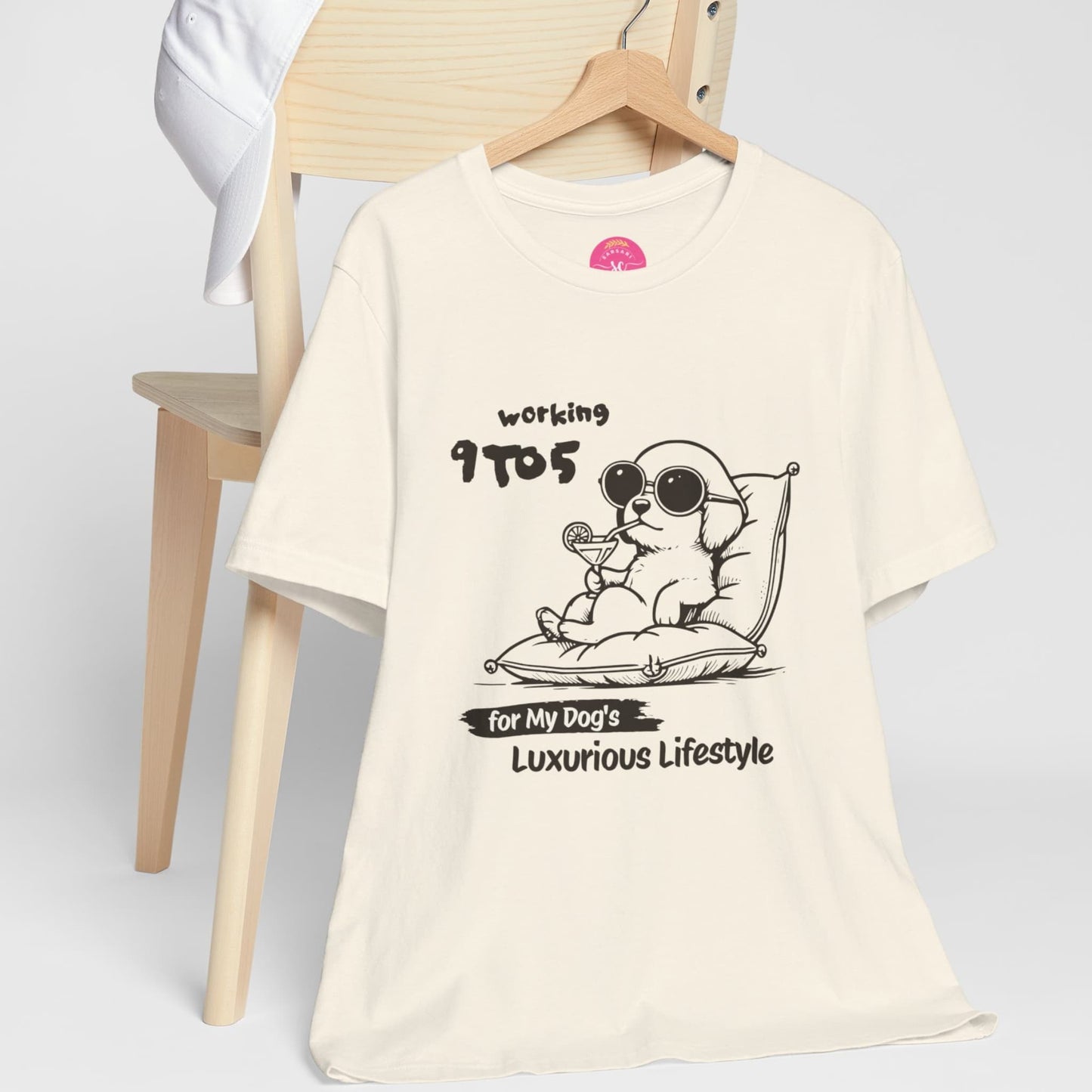 Working for My Dog Graphic natural tee on hanger