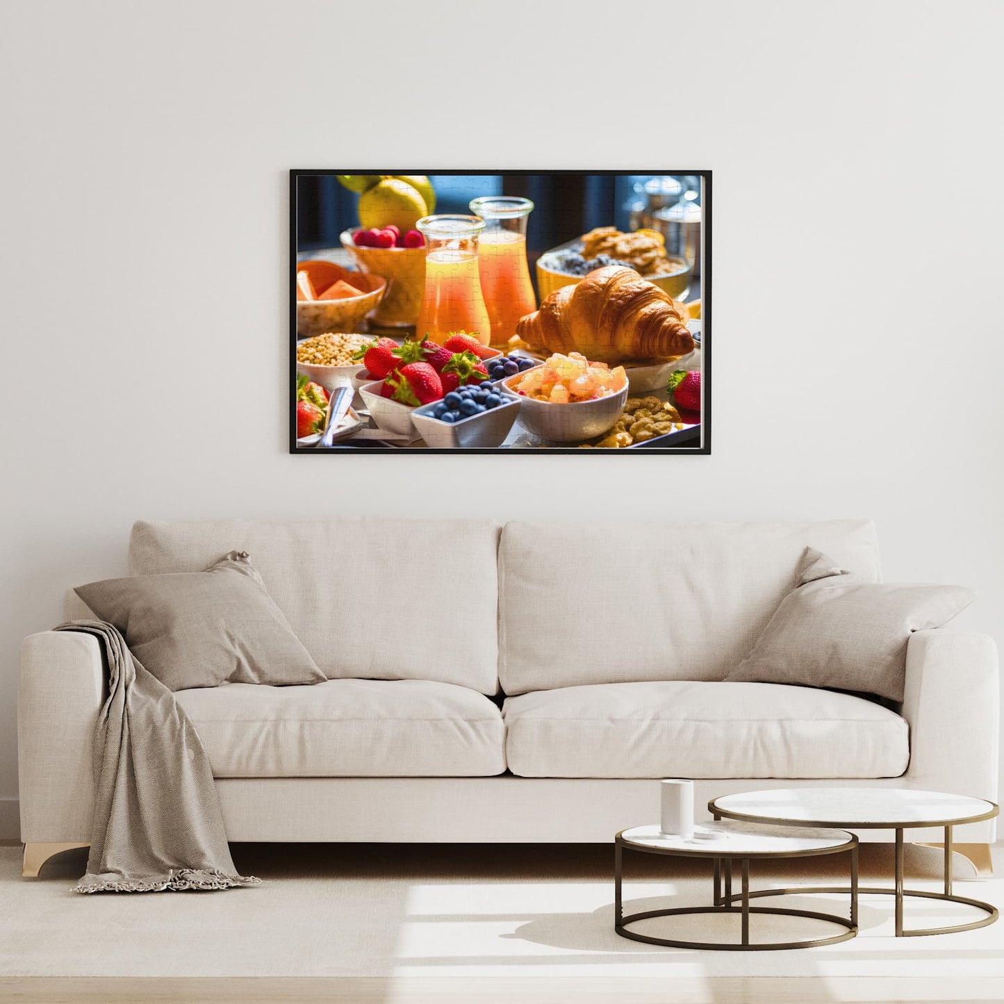 The completed 500-piece Adult Jigsaw Puzzle featuring a luxurious breakfast spread, elegantly framed and displayed on a living room wall.