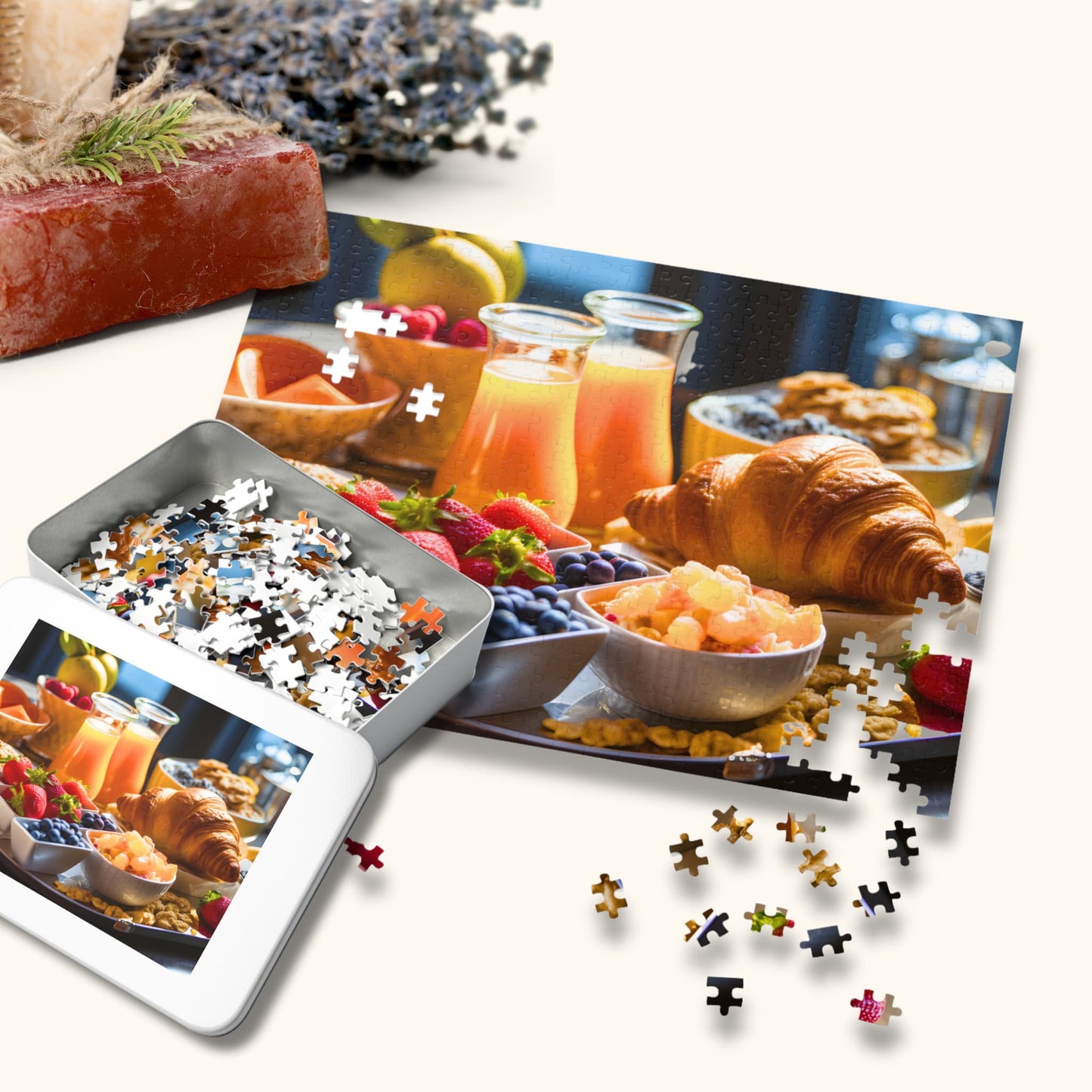 The Adult Jigsaw Puzzle with its original packaging box, revealing the design of a luxurious breakfast spread, perfect for family game time.