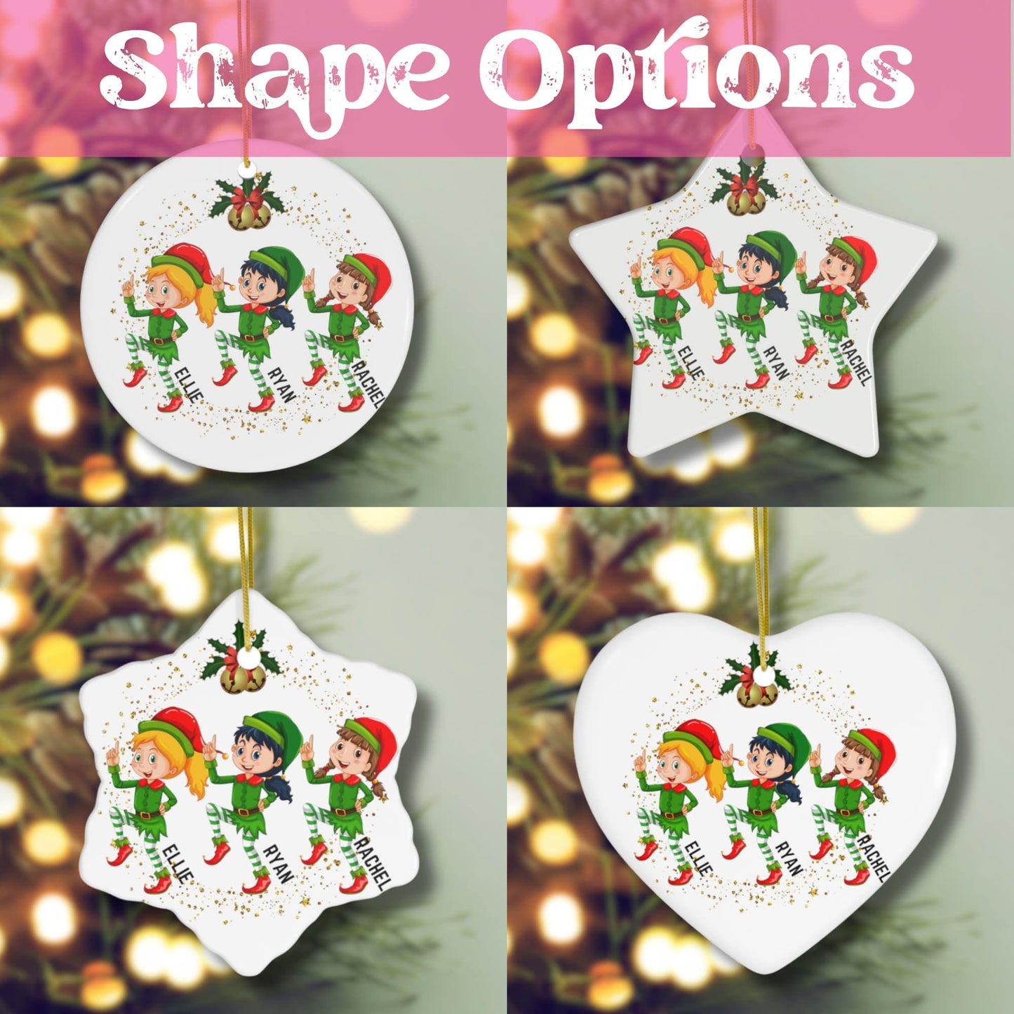 Display of all four sizes of Custom Christmas Elf Ornaments, showcasing variety for selection.