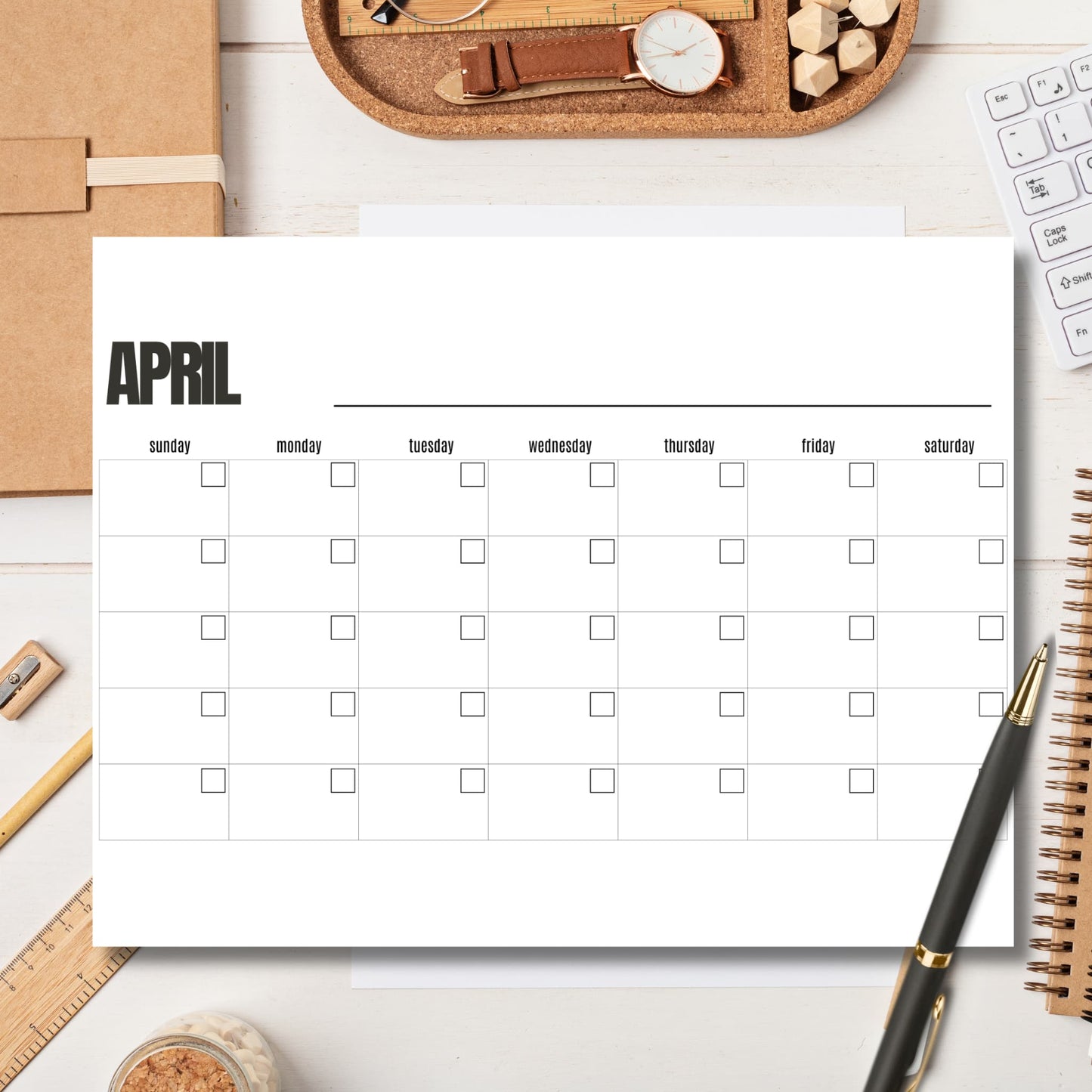 April calendar template on white office desk with cork organizer tray and gold pen for Easter planning
