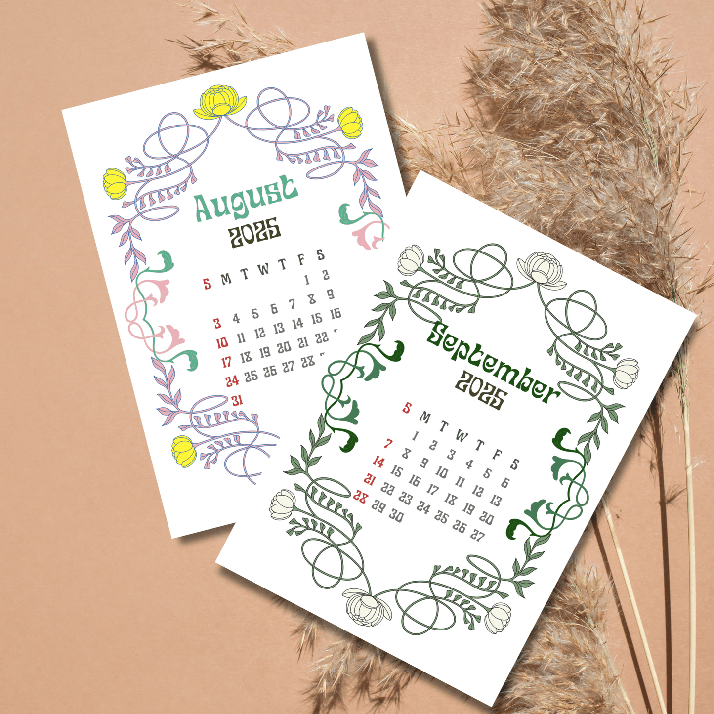 August and September 2025 calendar pages featuring yellow lotus flowers and green leaf motifs in Art Nouveau style, displayed with dried grass