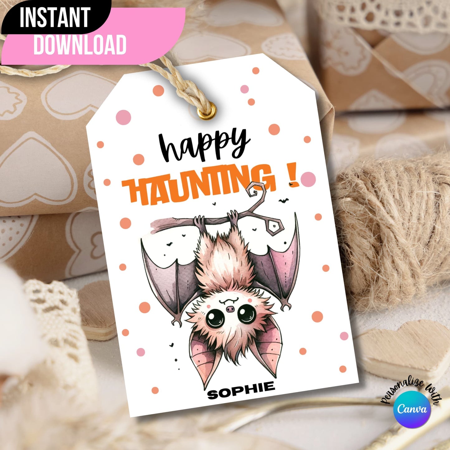 Bat-themed Halloween printable tag showcased on a brown gift box.