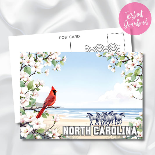 Instant download art print of North Carolina coastline with cardinal on branch and wild horses by the ocean