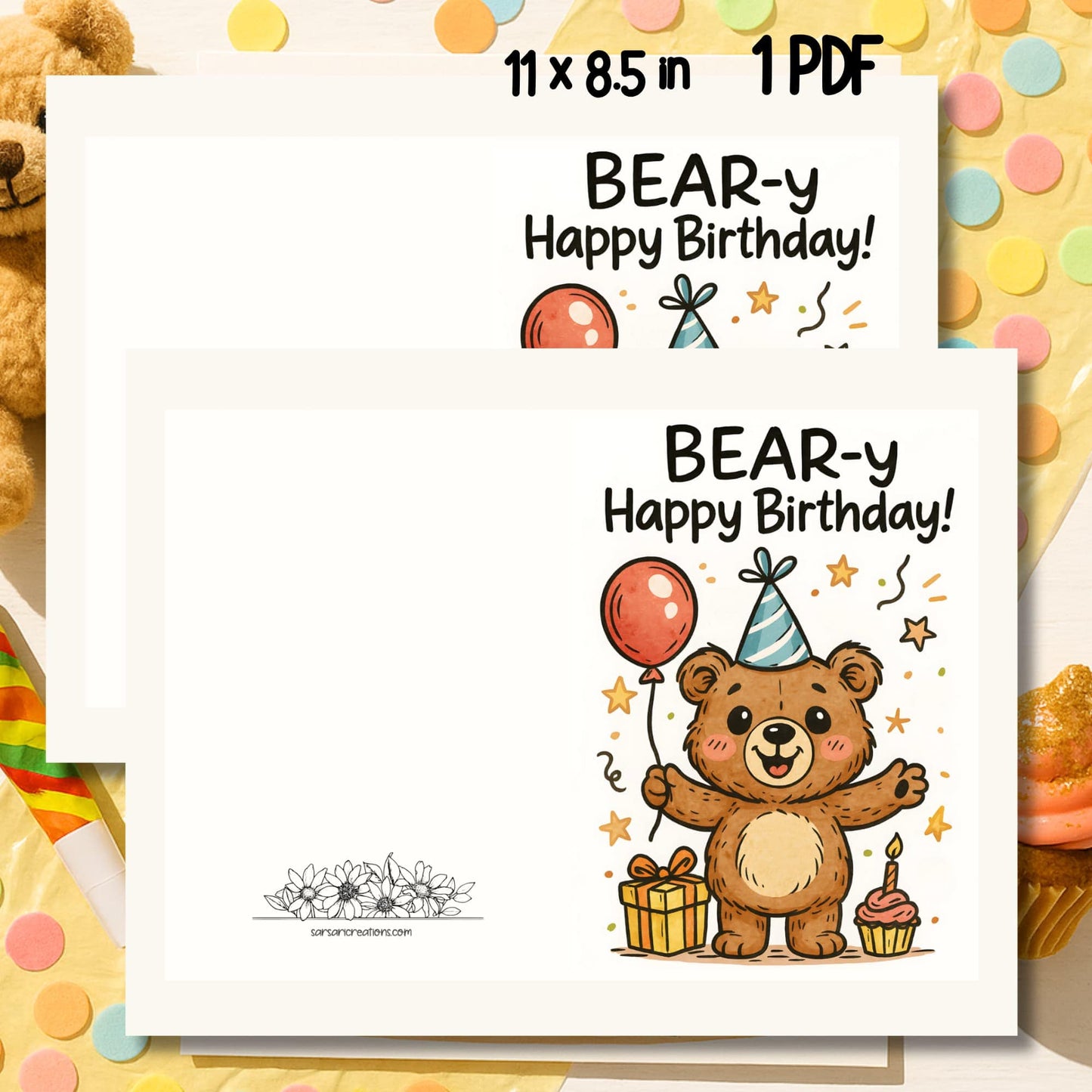 BEAR-y Happy Birthday cute teddy bear card with balloon and party hat surrounded by colorful confetti circles