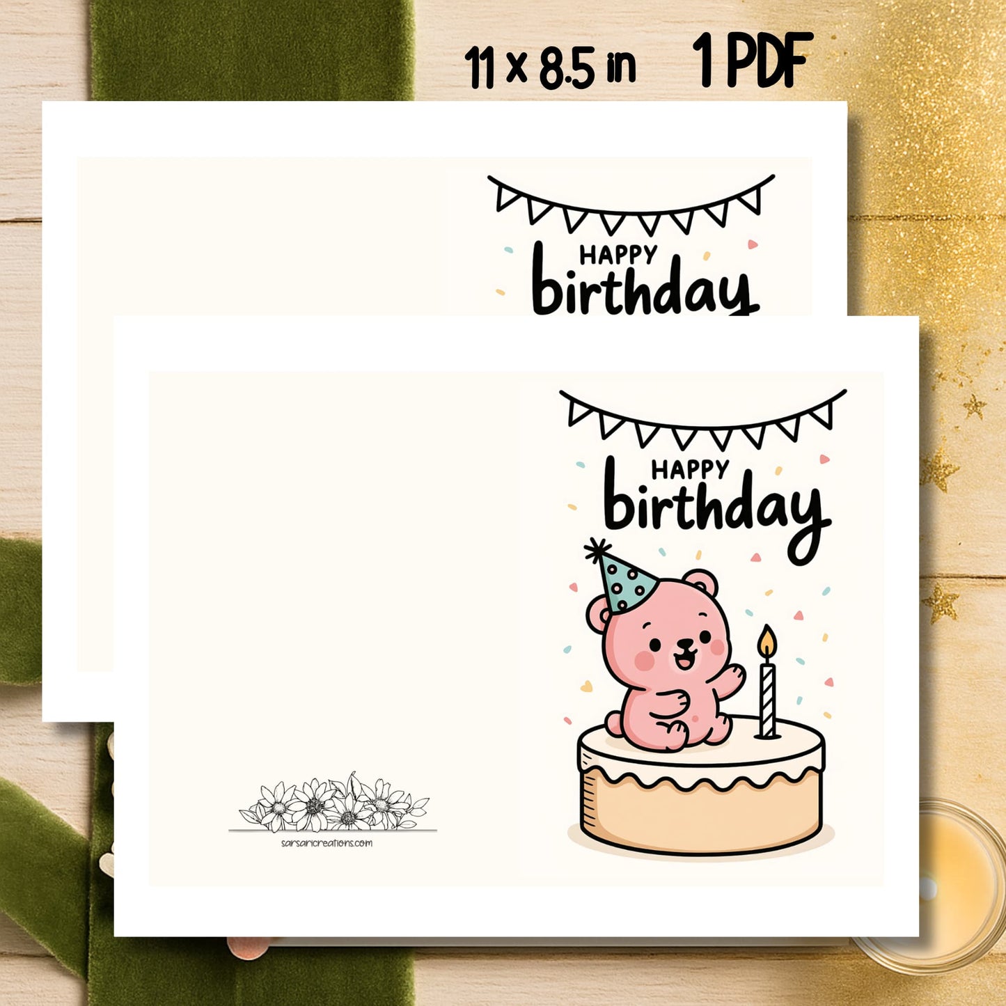 Adorable pink teddy making a wish on cake with banner and confetti on wood texture background