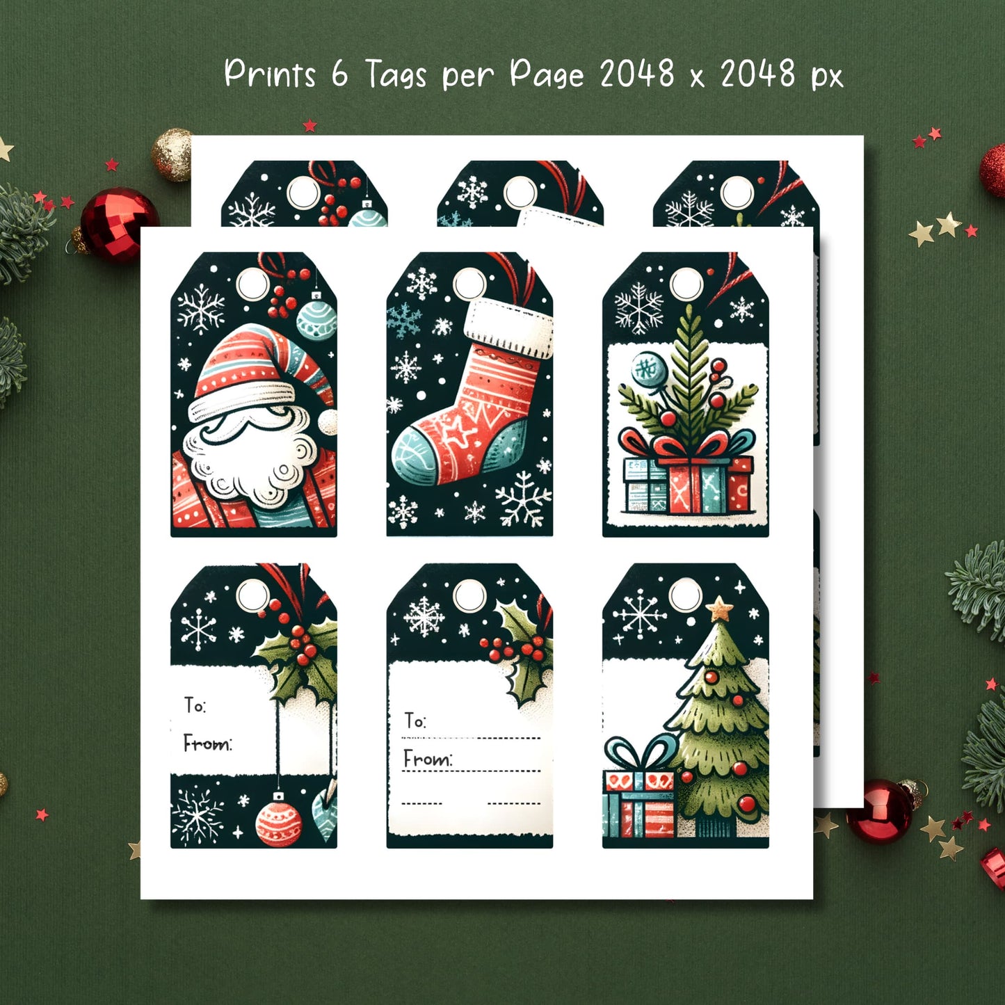 Set of six black background Christmas gift tags featuring festive illustrations - Santa, stocking, decorated presents, holly sprigs, and Christmas tree with To/From fields, displayed on green backdrop