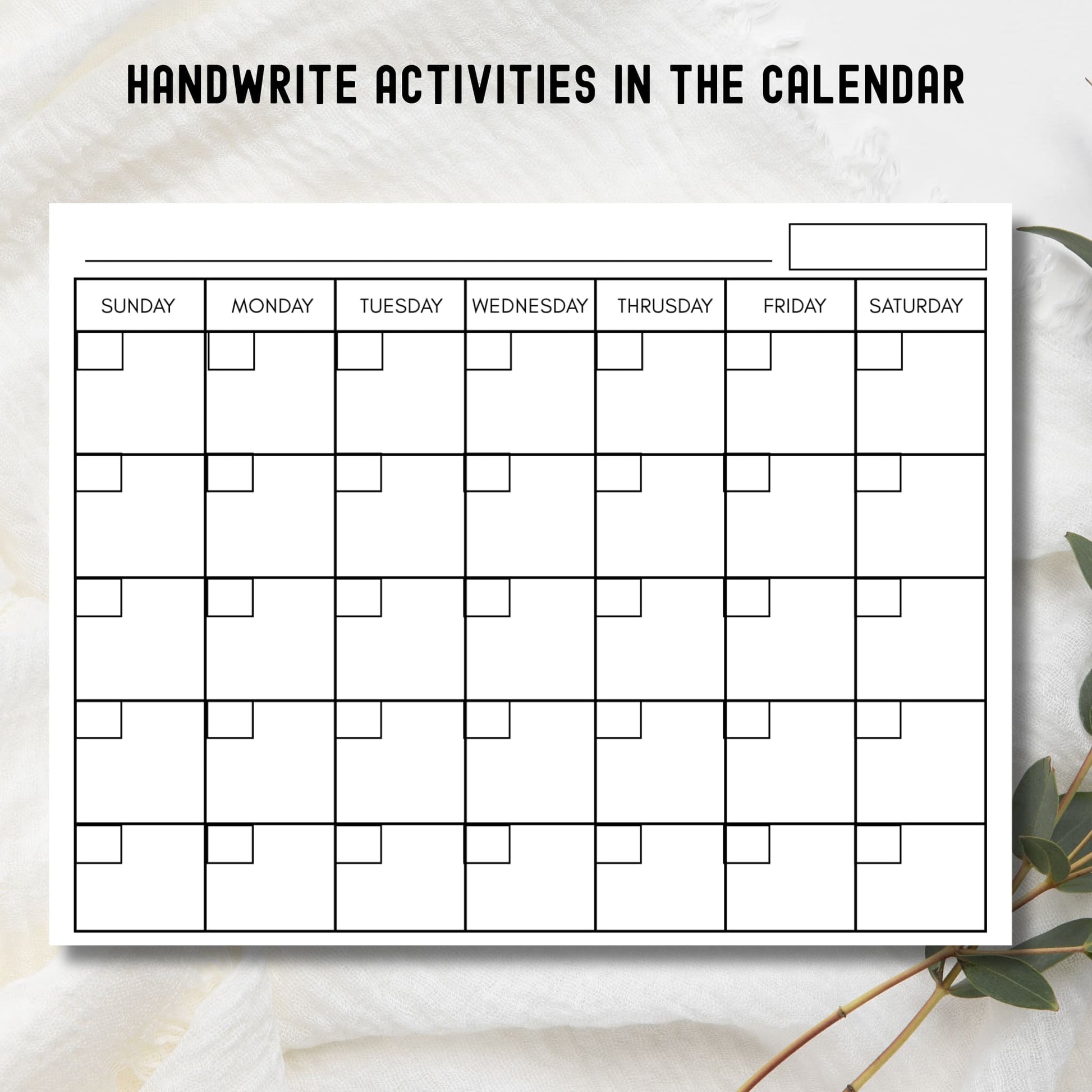 Blank perpetual calendar template showing how to handwrite activities with month header space.