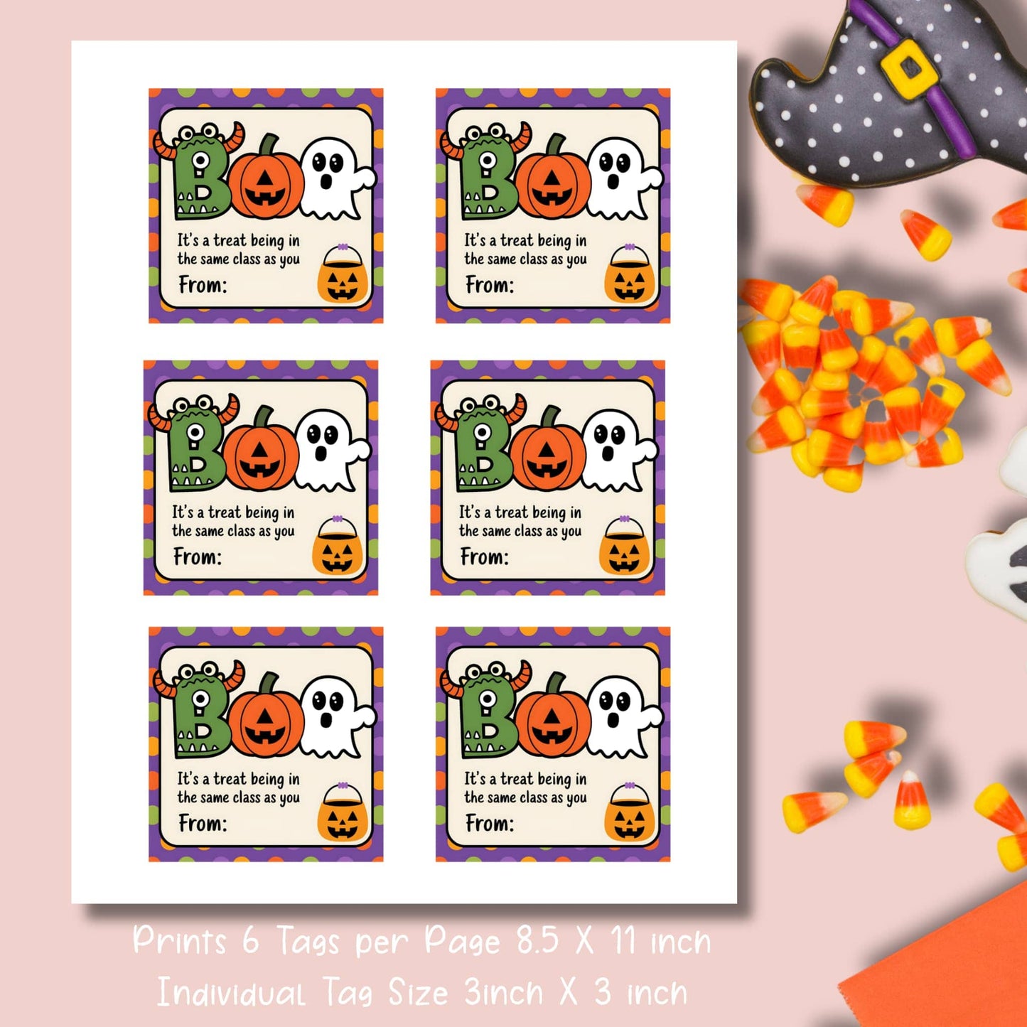 Printable sheet of BOO Halloween favor tags, 6 tags per 8.5x11 inch page, featuring cute monster, pumpkin, and ghost designs for friends and family
