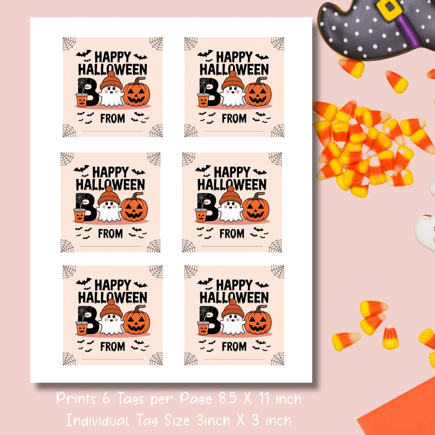 Printable sheet of Halloween BOO favor tags, 6 tags per 8.5x11 inch page, featuring cute ghost, pumpkin, and drink designs for gifting to family and neighbors