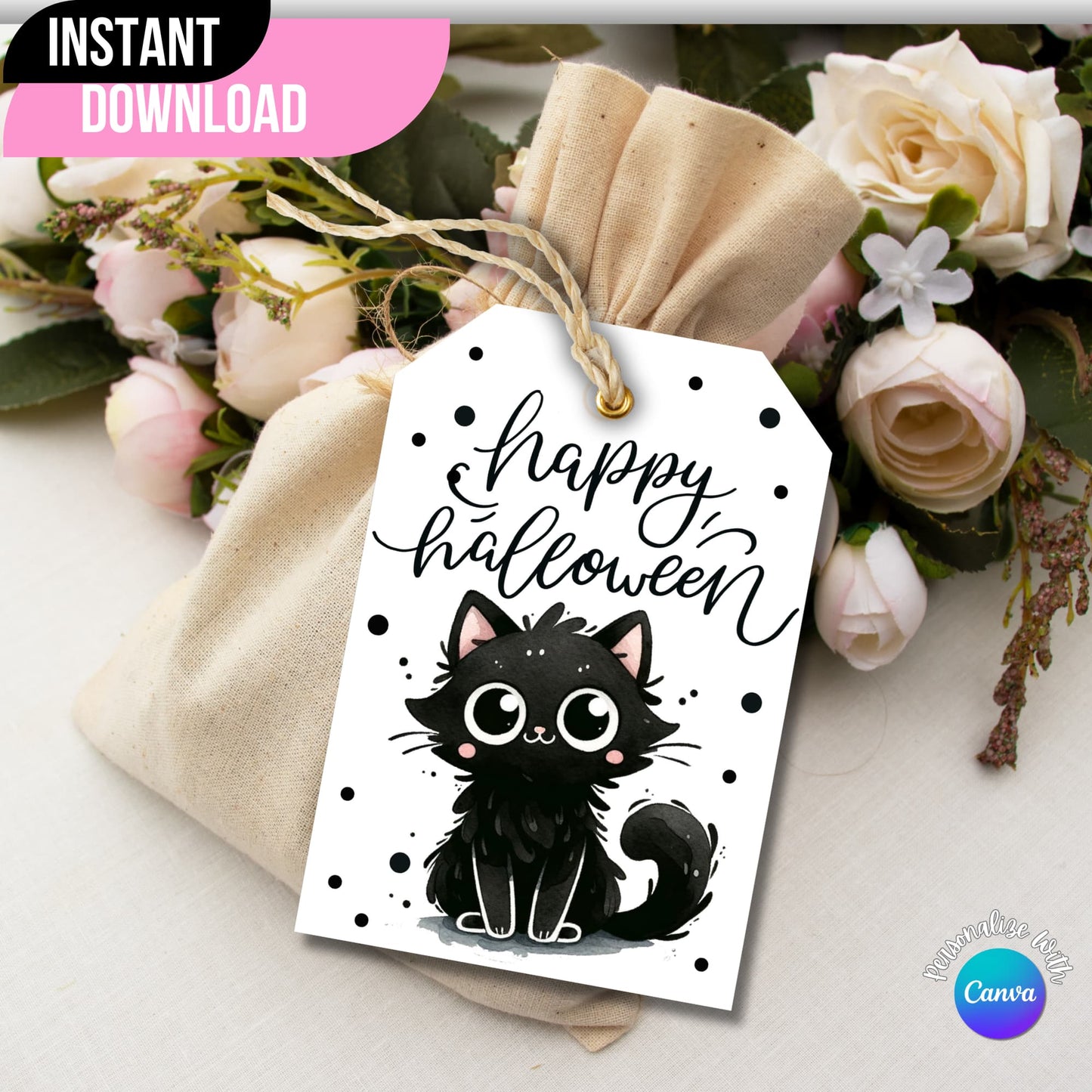 Black and White Halloween printable tag adorned on a gift bag with floral accents.