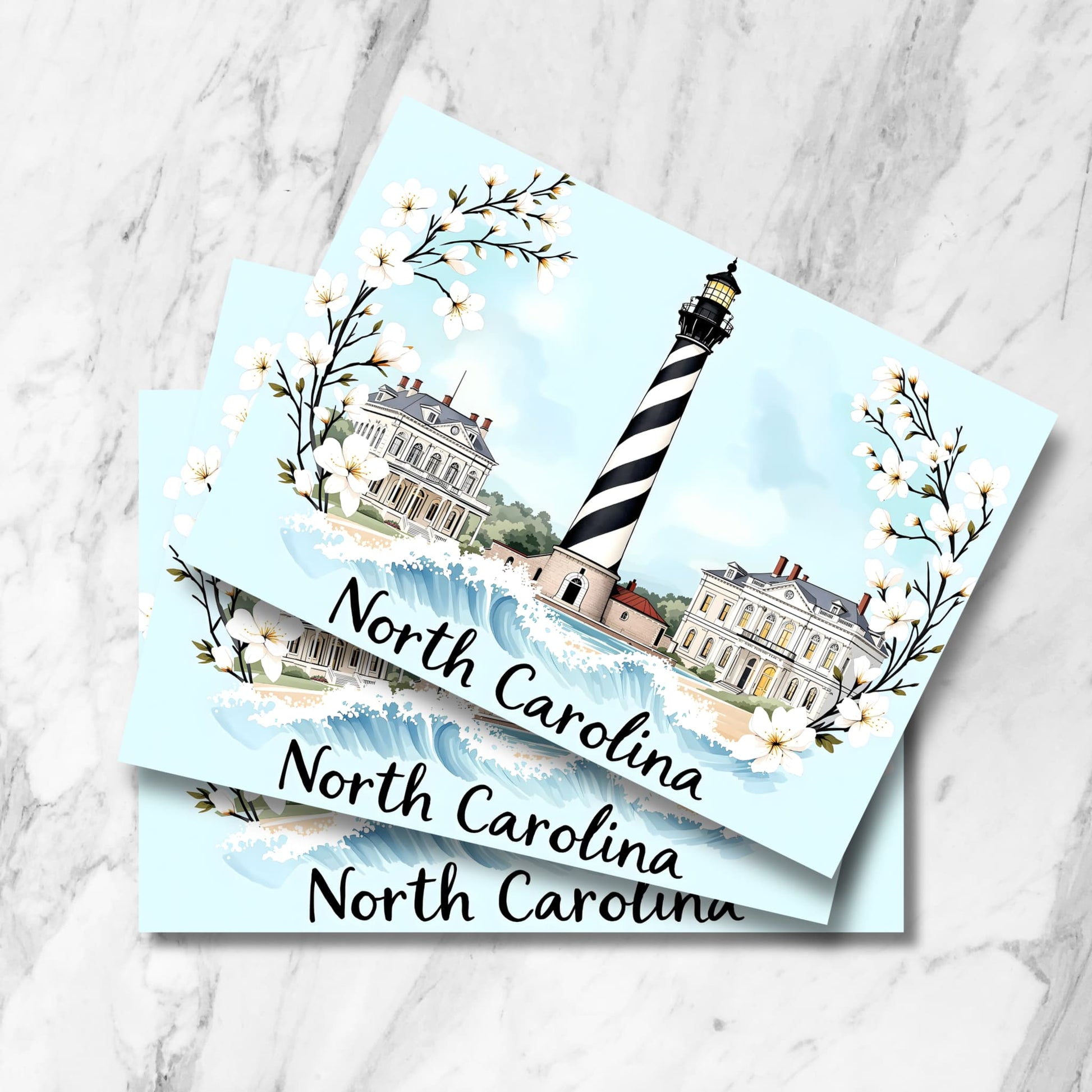 Whimsical digital postcard of Cape Hatteras lighthouse with historic mansions and white blossoms in North Carolina