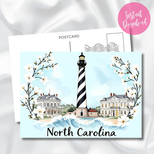 Printable Cape Hatteras postcard with black-and-white lighthouse, crashing waves, and classic architecture