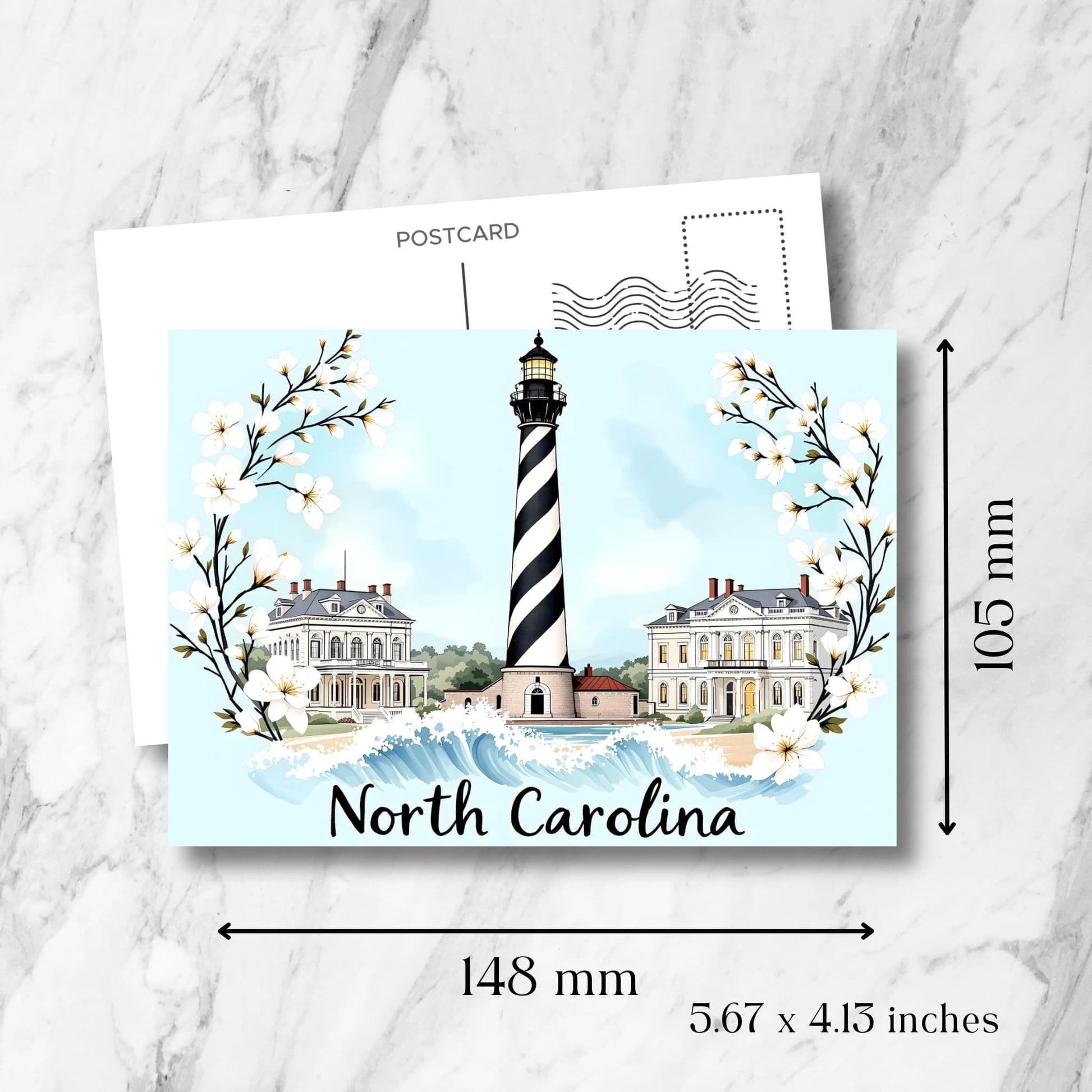 North Carolina digital art print featuring lighthouse, coastal homes, floral border, and postcard dimensions