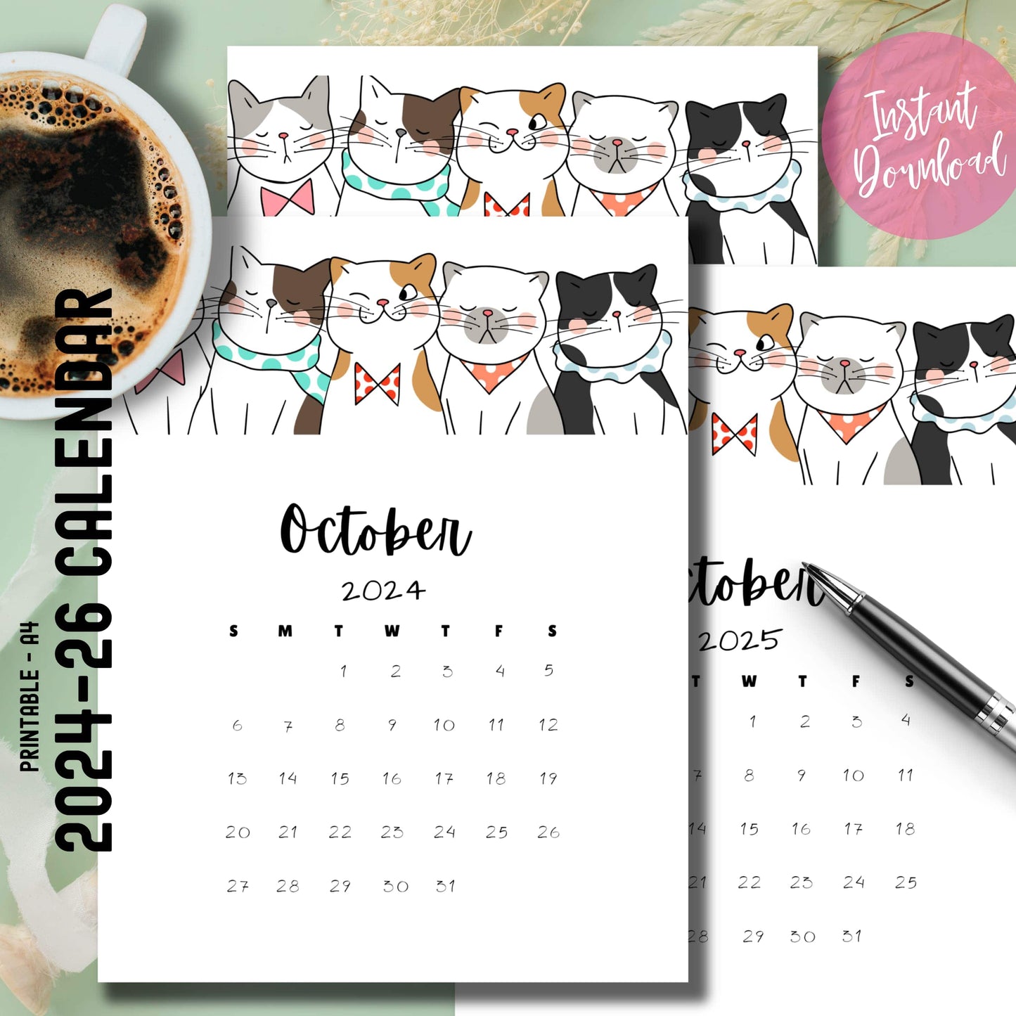 Set of printable October 2024-2026 calendars with cute cat artwork, shown with coffee cup and pen, emphasizing the free download and instant accessibility for school planning.