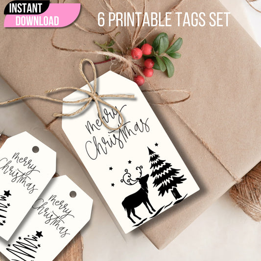 Three white Christmas gift tags with black designs on kraft paper background, featuring jute twine bow and holly berries, highlighting instant download text and printable nature of the product