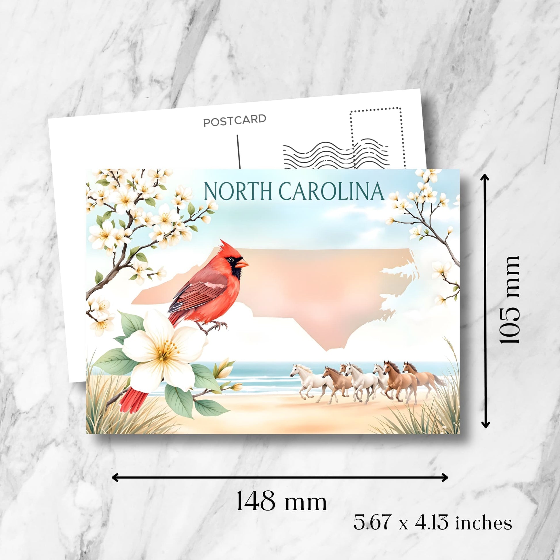 Printable North Carolina postcard featuring red cardinal, dogwood flowers, and galloping beach horses with dimensions
