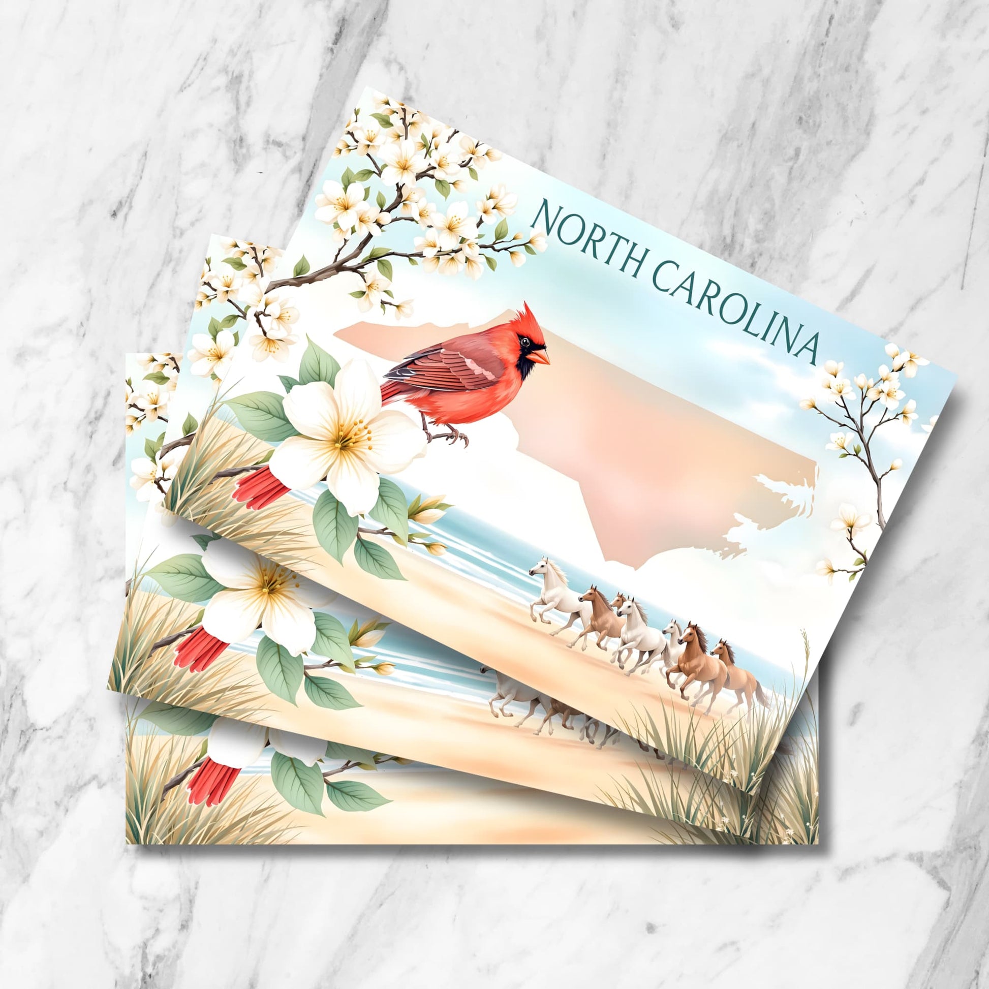 North Carolina coastal art print with cardinal, wild horses on beach, and pastel state outline