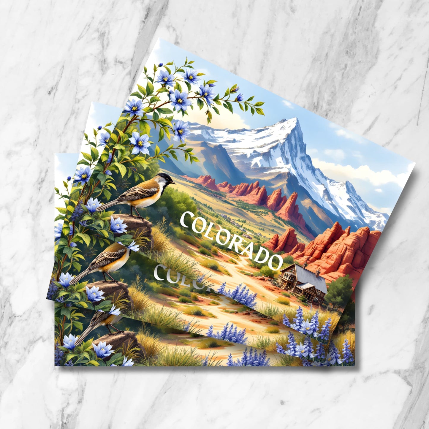 Vintage-style Colorado landscape prints showing snow-capped Rocky Mountains, red rock formations, mountain cabin, with state bird lark bunting and blue columbine wildflowers, displayed as stacked postcards on marble background