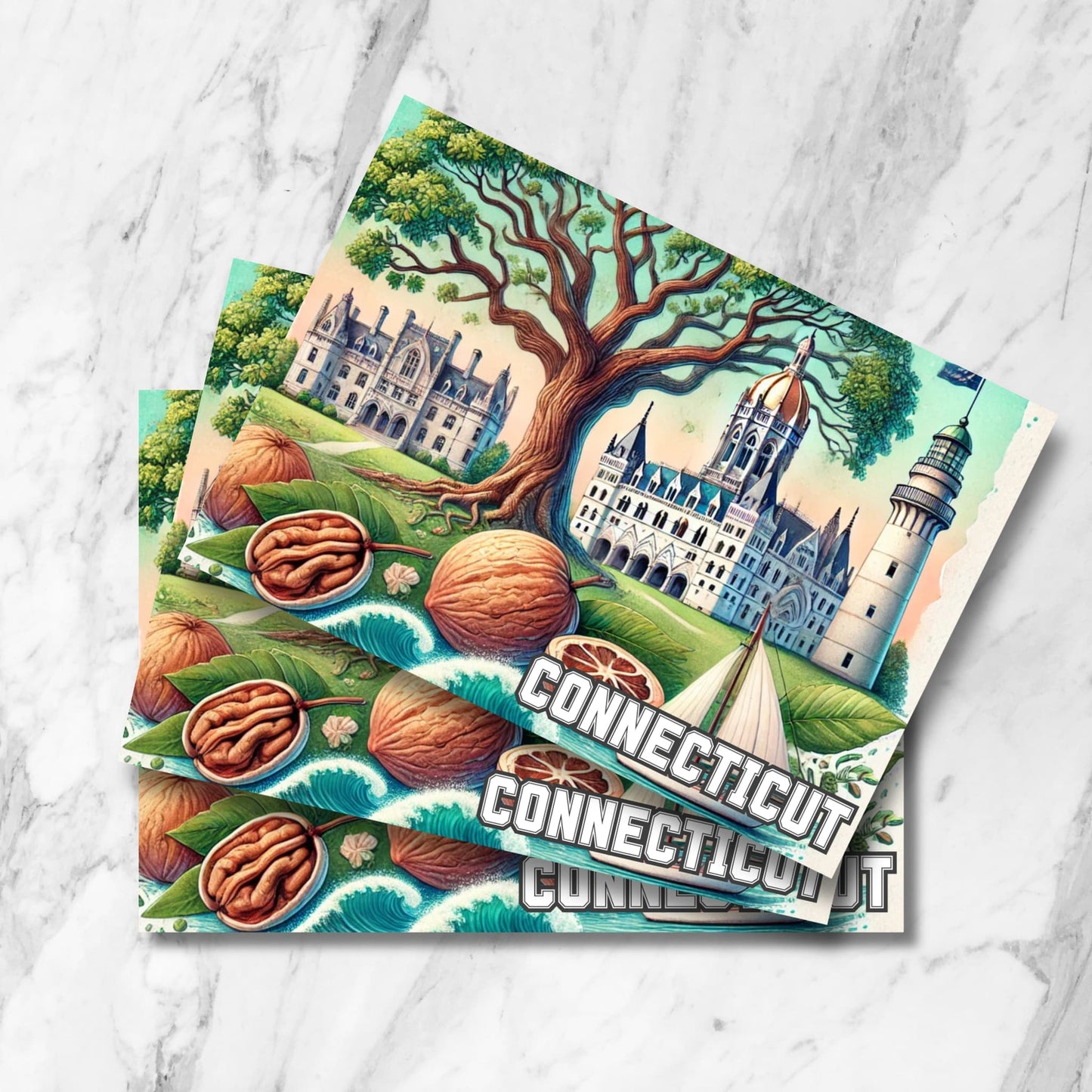 Connecticut digital postcard with illustrated walnut tree, capitol building, and coastal landmarks – printable state artwork.