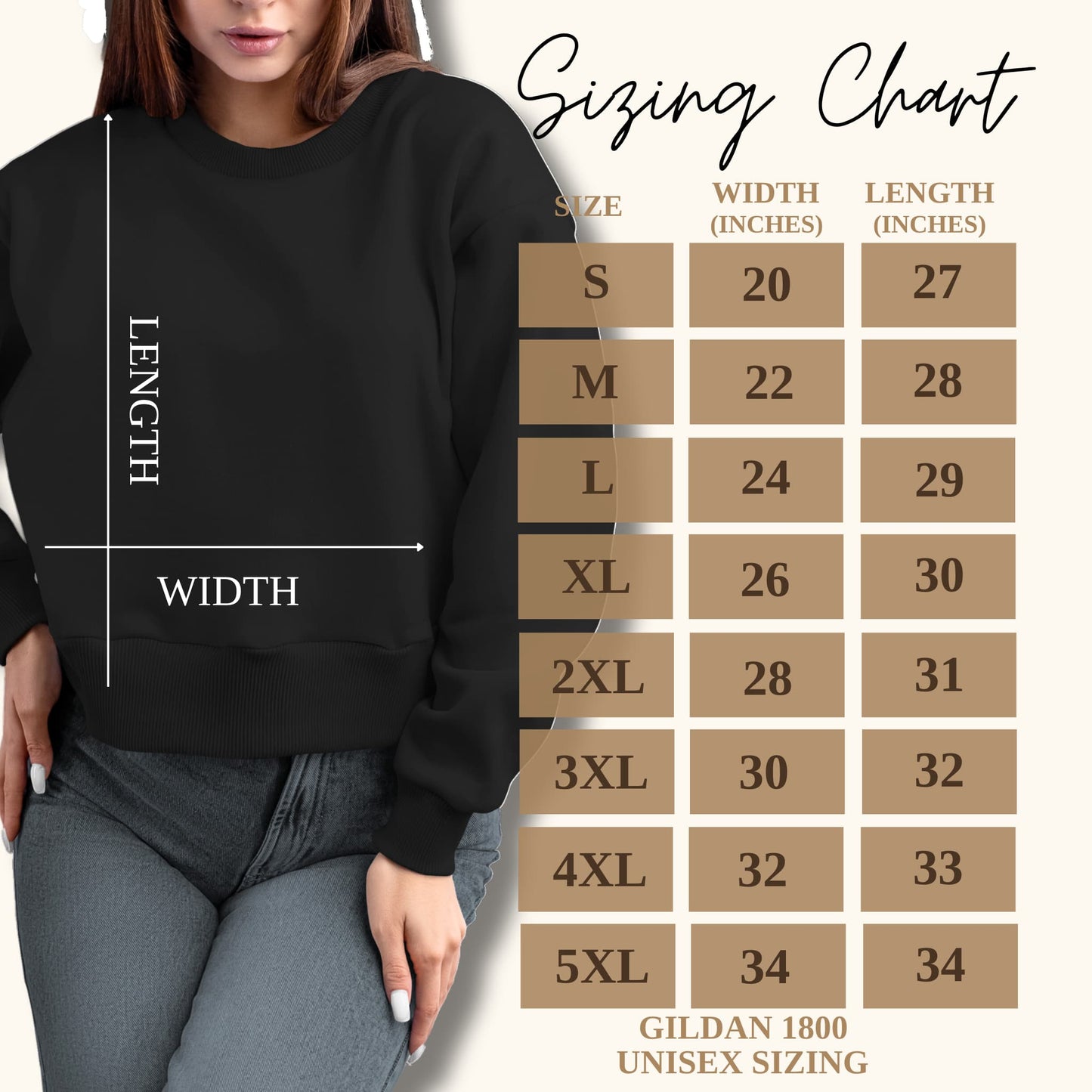 Size Guide for Custom Colorado's Small Business Owner Crewneck Gildan Long Sleeves Sweatshirt.