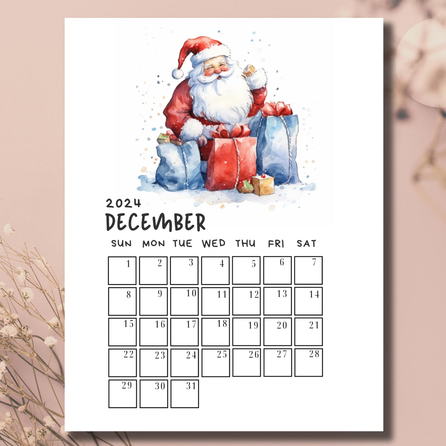 Free printable December 2024 A4 calendar featuring watercolor Santa with blue and red gifts, boxed date layout and handwritten style, shown on beige background with dried flowers