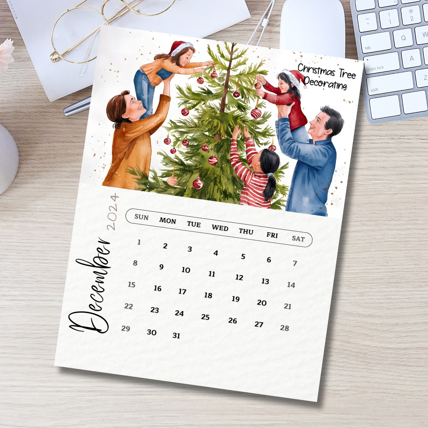 December 2024 A4 calendar mockup in office setting with keyboard and glasses, featuring festive family illustration and clean date grid starting Sunday