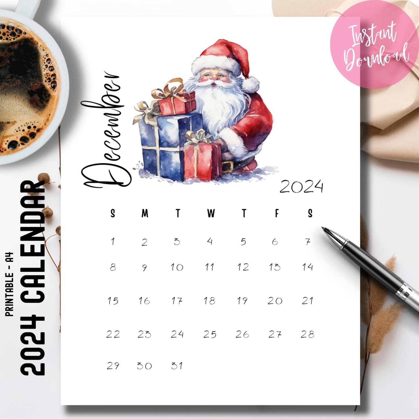 Digital download preview of December 2024 calendar with festive Santa illustration, shown with coffee cup and pen, highlighting instant download badge and printable A4 format