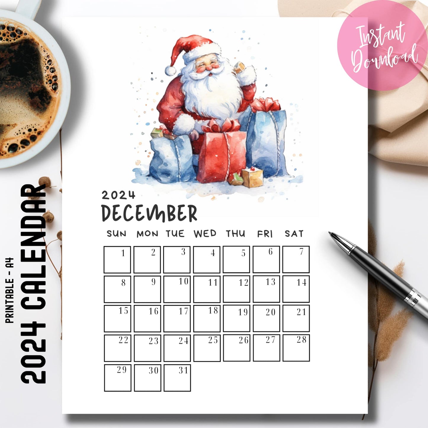 Digital download preview of December 2024 printable calendar with watercolor Santa artwork, shown with coffee cup and pen, highlighting instant download badge and boxed date format