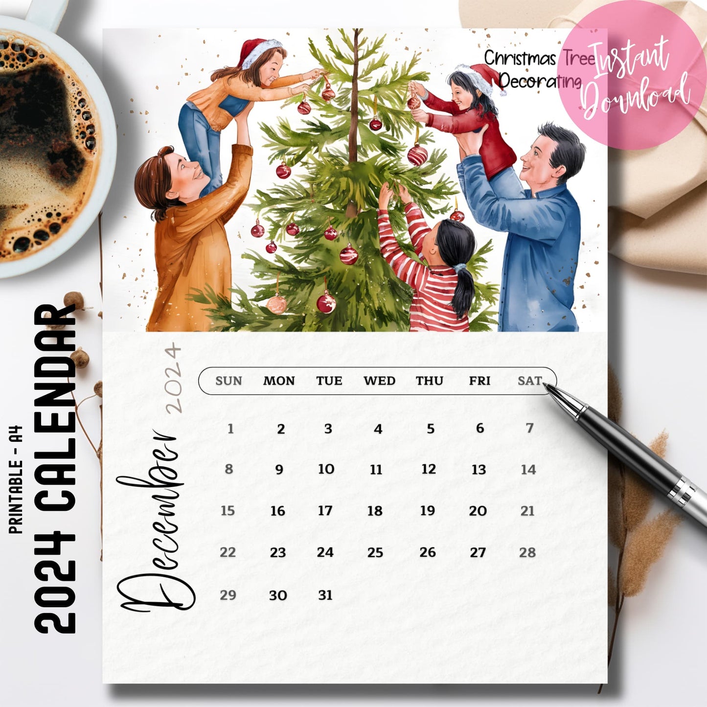 Digital download preview of December 2024 calendar with family Christmas scene, Sunday start format, shown with coffee cup and instant download badge, A4 size
