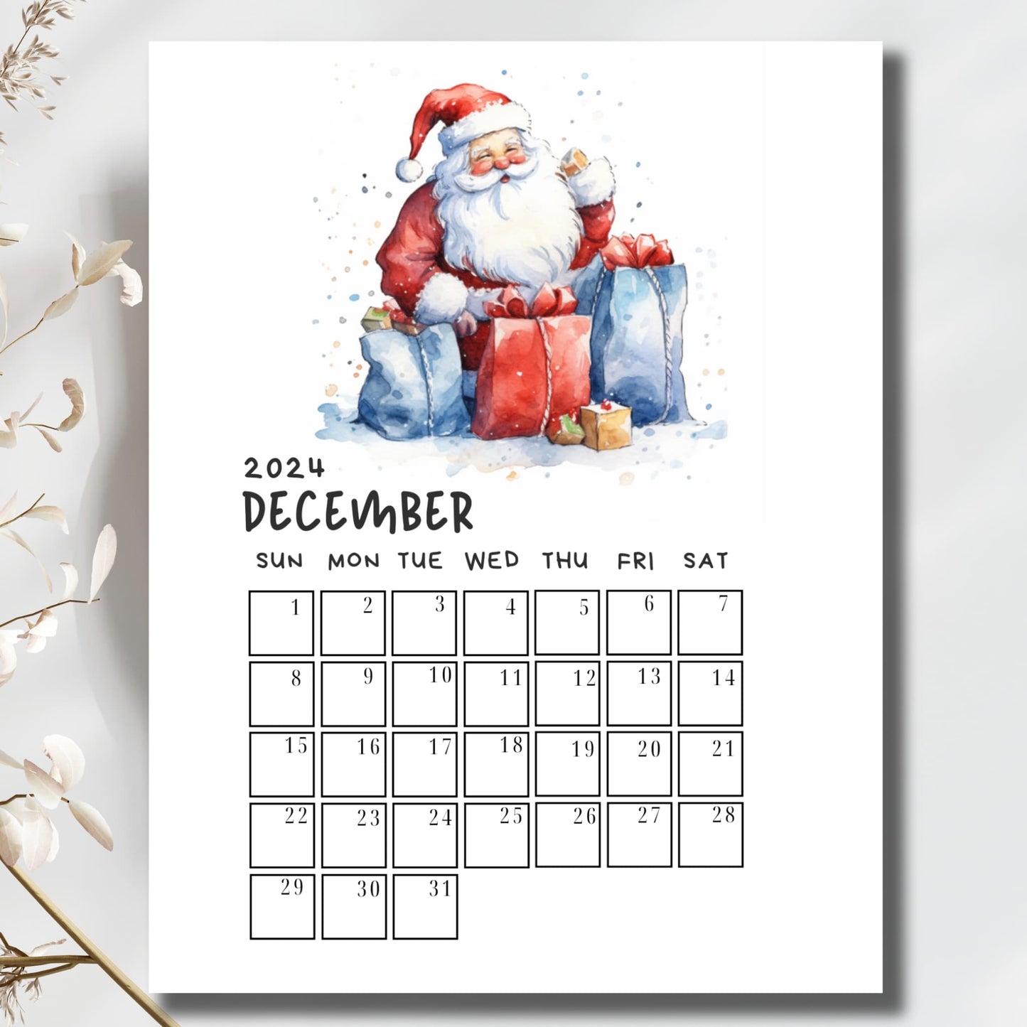 December 2024 printable calendar with jolly watercolor Santa Claus and wrapped presents illustration, clean boxed grid layout, displayed against elegant white floral setting