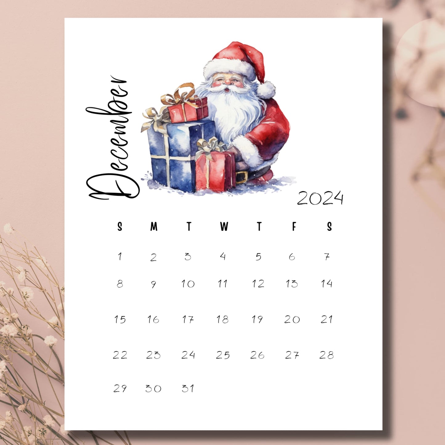 Free printable December 2024 calendar with watercolor Santa and presents illustration, featuring vertical layout with clean date grid shown on beige background with dried flowers