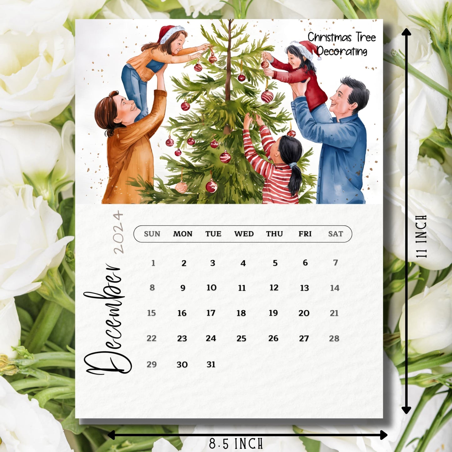 December 2024 calendar showing 8.5 x 11 inch dimensions, featuring Christmas tree decorating family scene, Sunday start format with white roses background