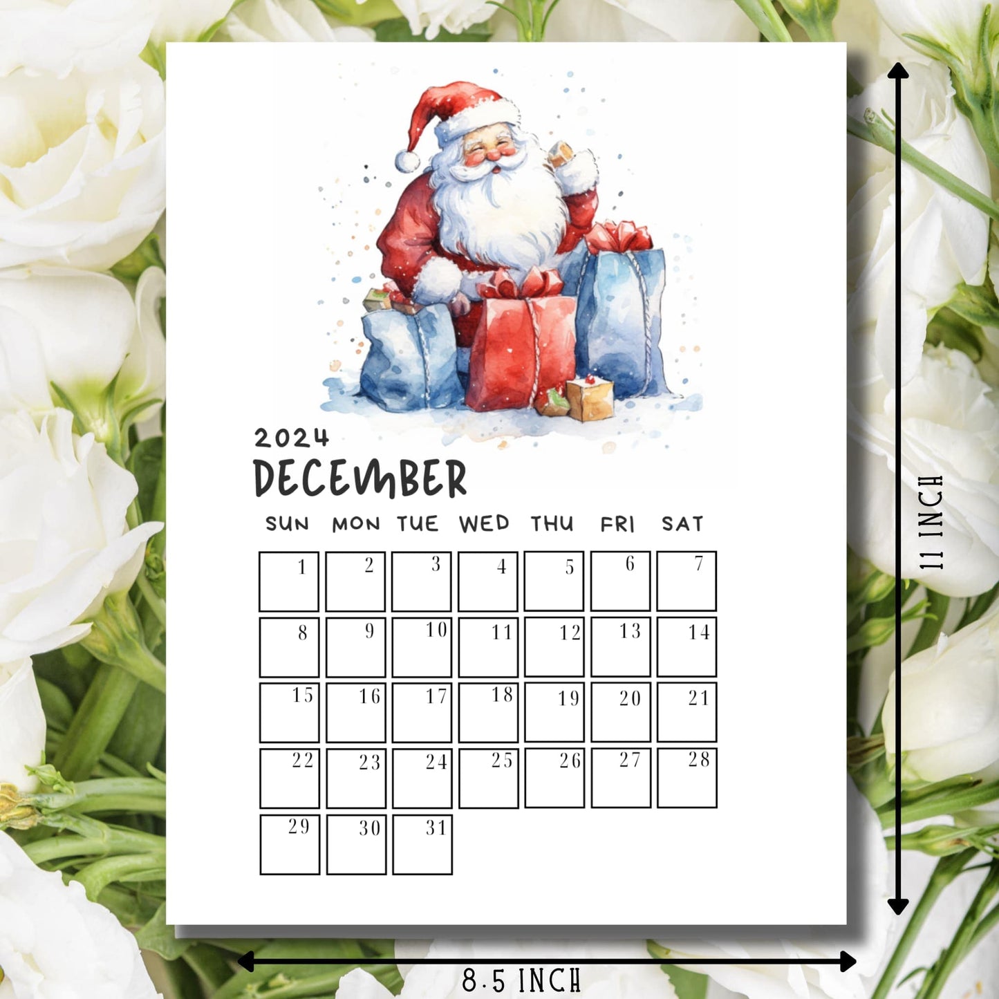 December 2024 calendar showing 8.5 x 11 inch dimensions, featuring festive watercolor Santa and gift artwork, styled with white roses backdrop and measurement indicators