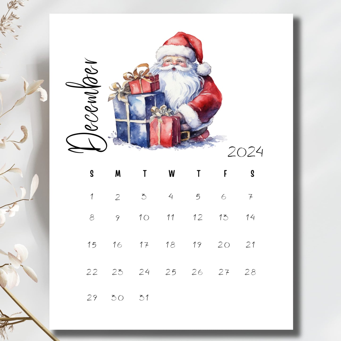 Printable December 2024 monthly calendar page with festive watercolor Santa artwork, showcasing minimalist date layout and bright white design against elegant floral backdrop
