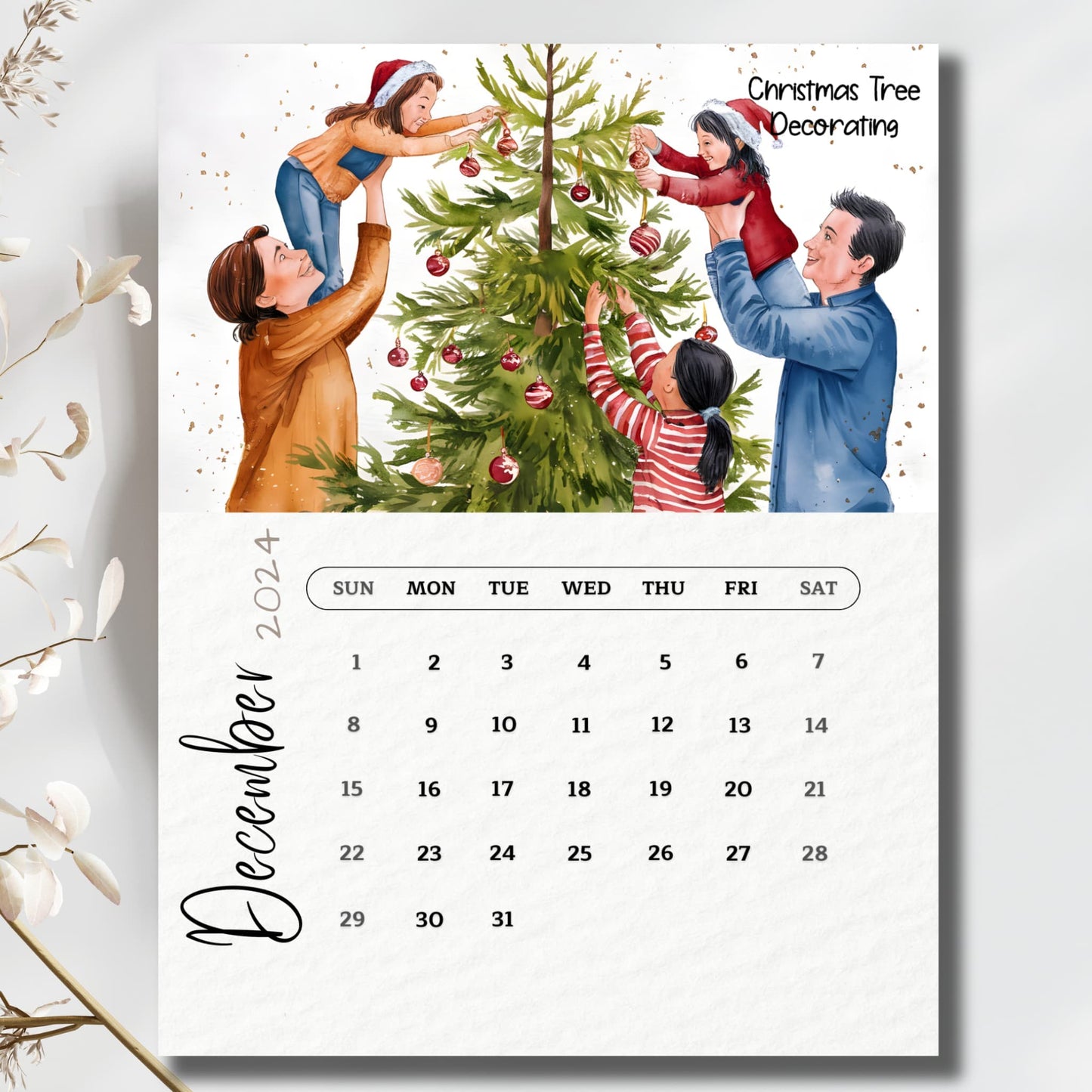 December 2024 printable calendar with heartwarming family Christmas tree decorating scene, Sunday-first grid layout, shown with white floral elements