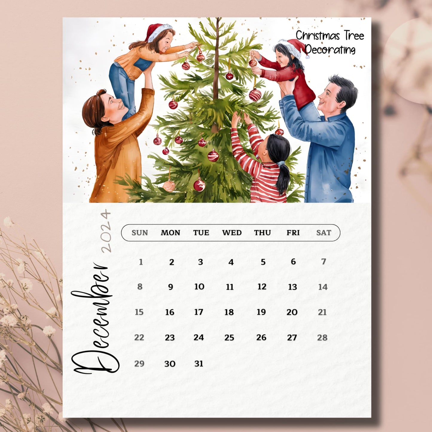 Free printable December 2024 calendar featuring watercolor illustration of family decorating Christmas tree, Sunday start format, displayed on beige background, A4 size
