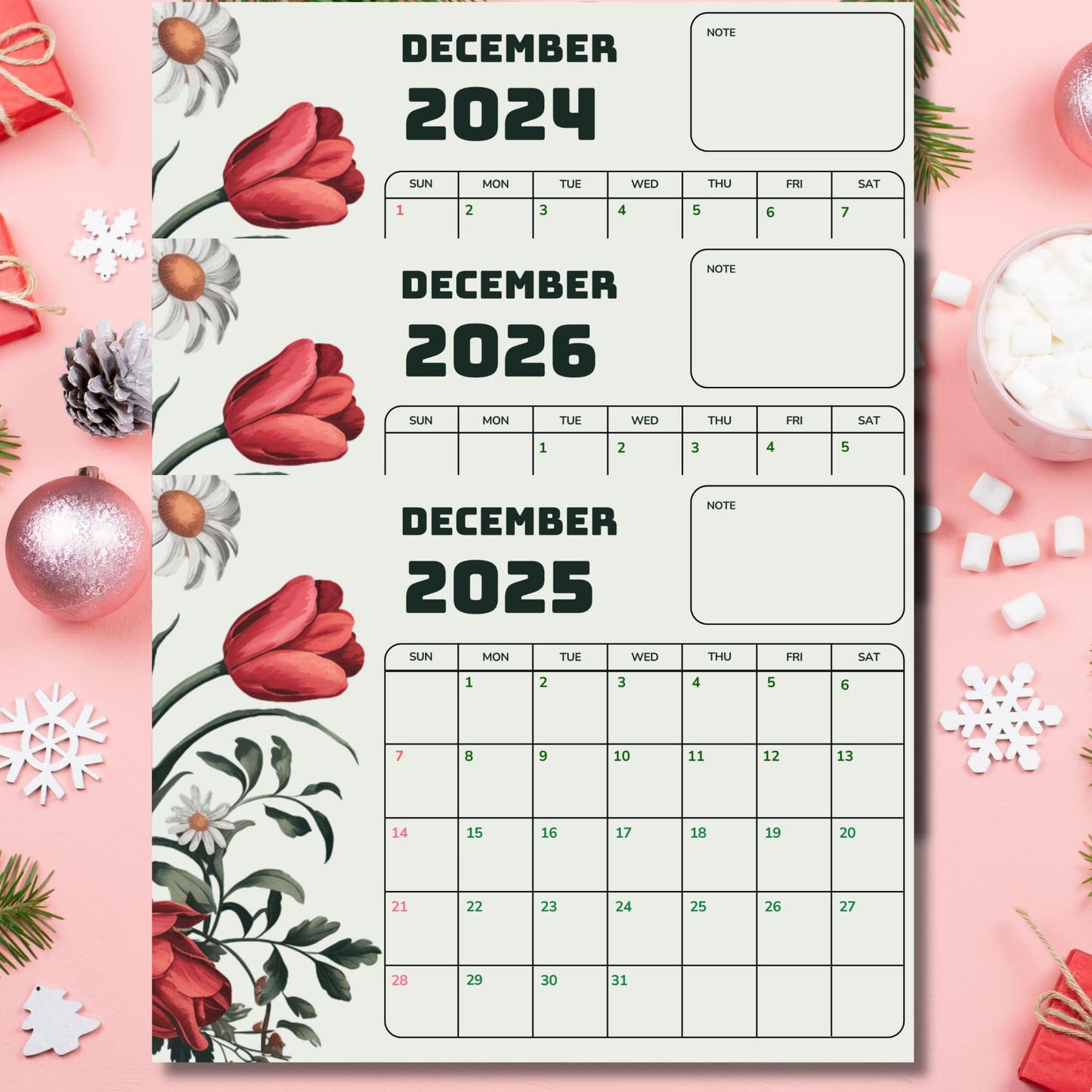 Three-year December calendar set for 2024-2026 with red tulips and white daisy design, displayed with holiday decorations and note sections