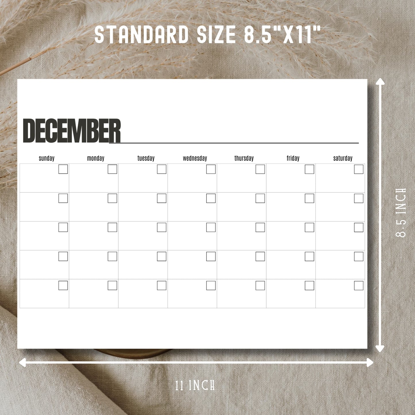 December printable planner showing standard 8.5x11 inch letter size with measurement arrows
