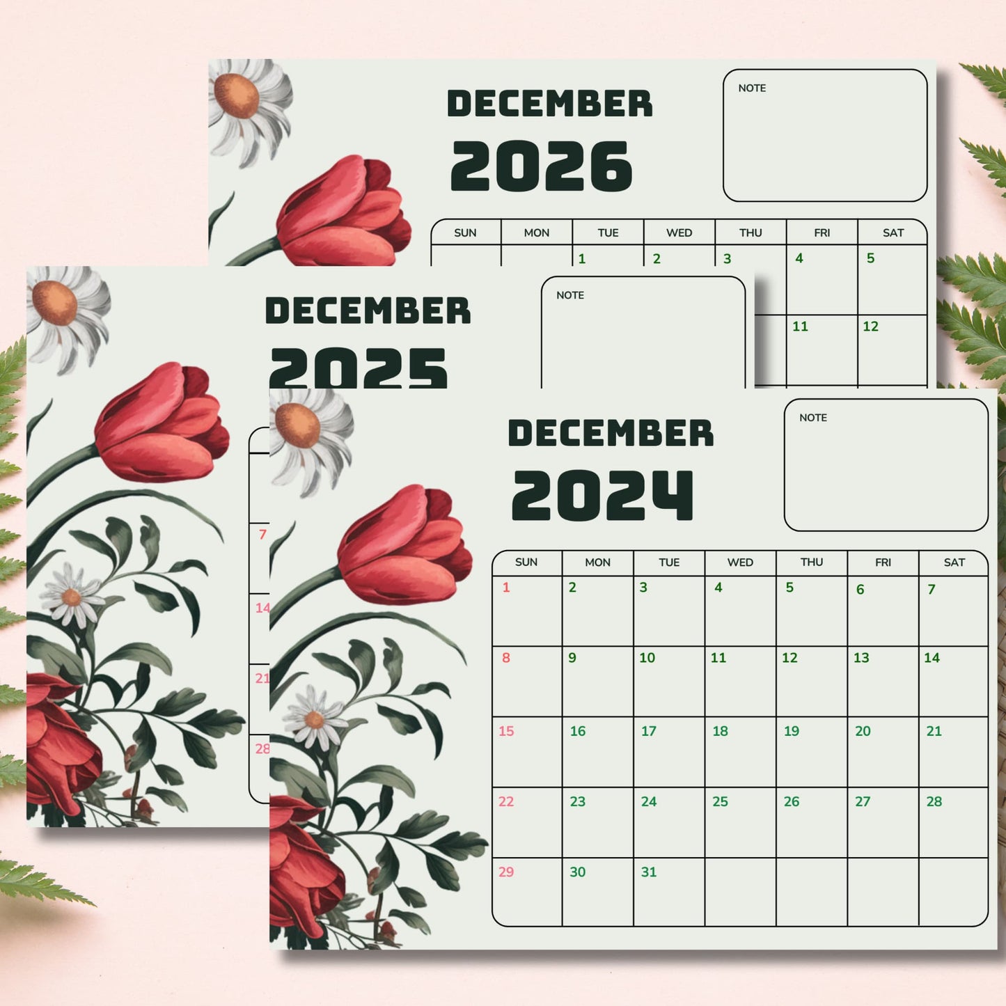 Stacked view of three December calendars featuring red tulips and daisy botanical design, showing month layouts with note sections
