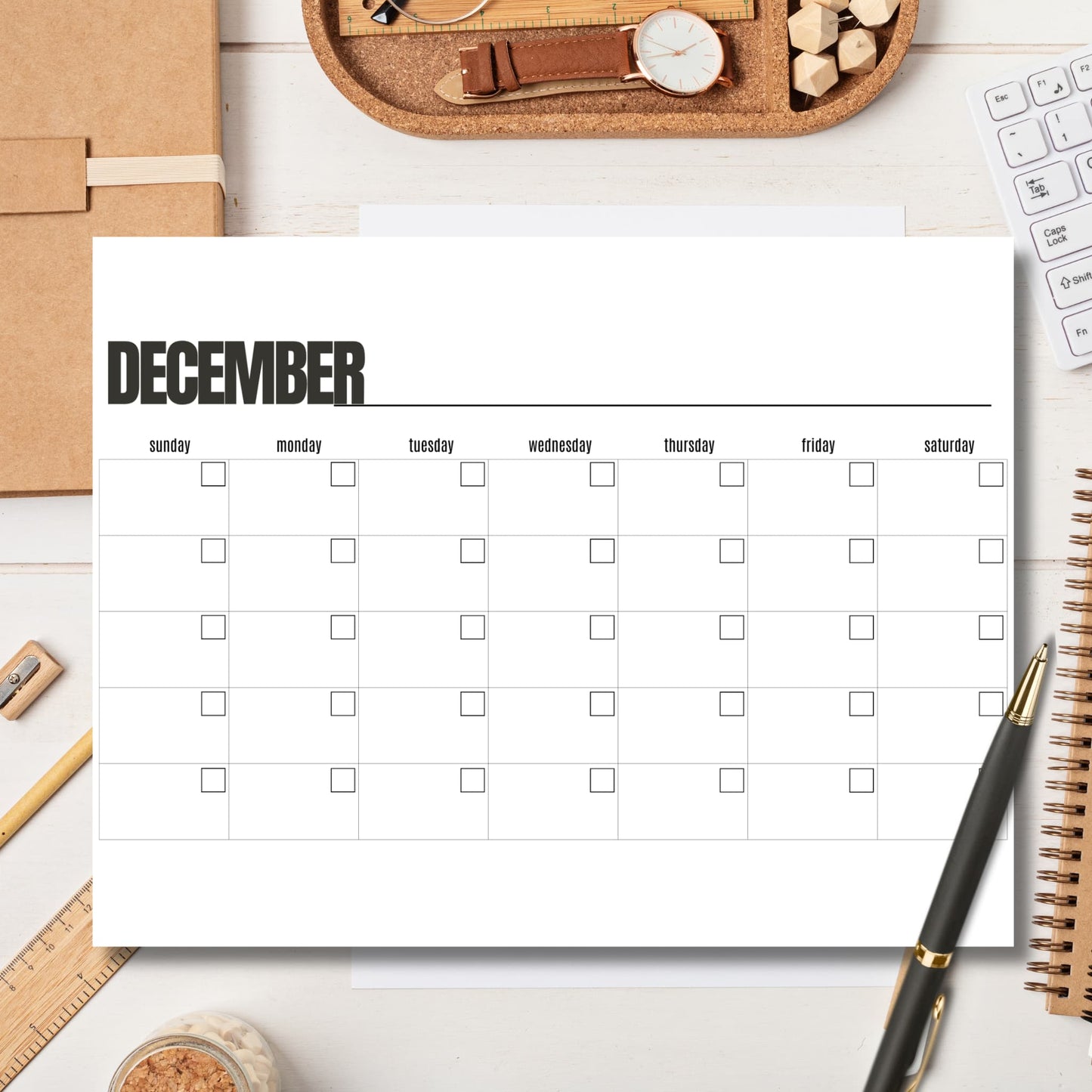 December christmas calendar on organized desk with cork tray, gold pen and office supplies