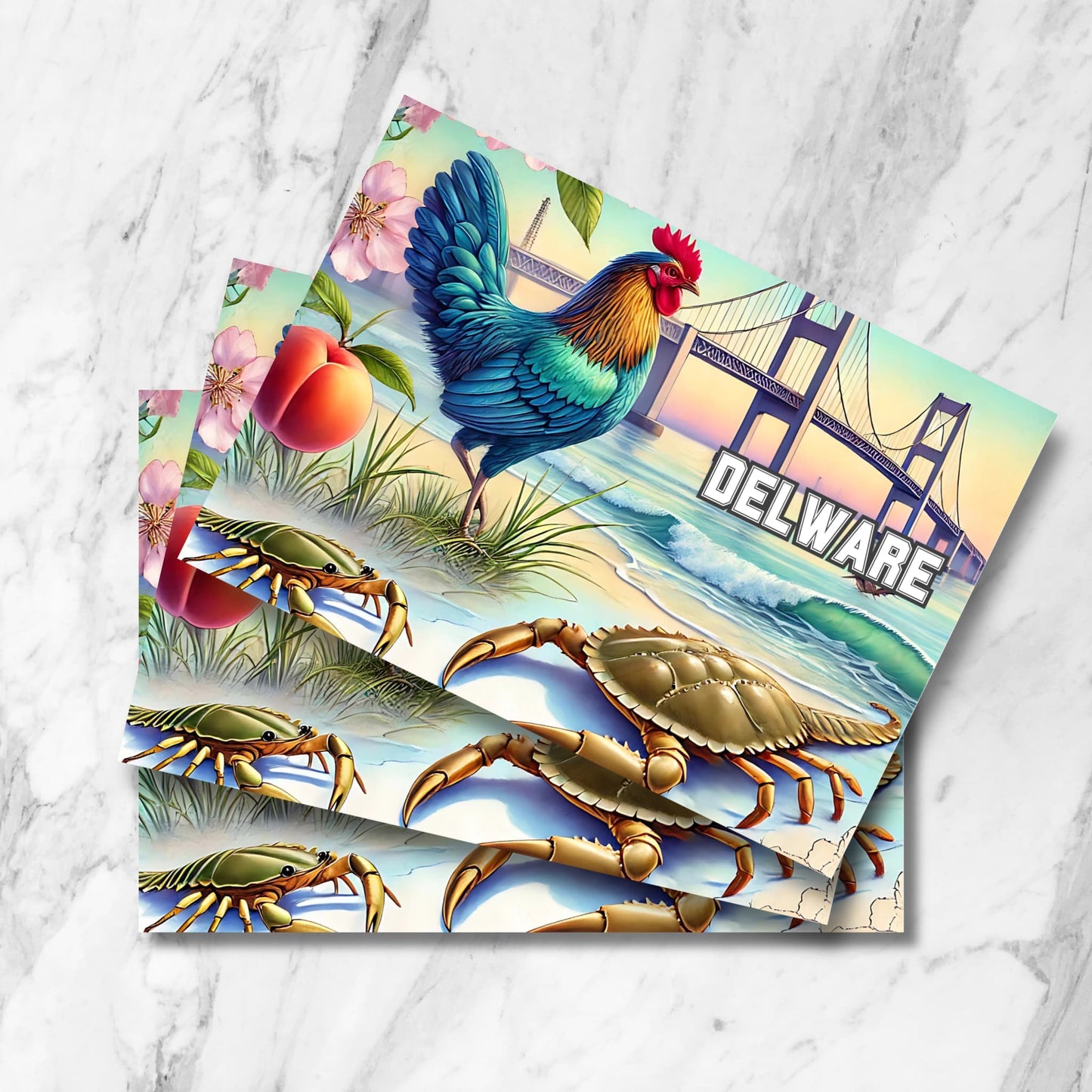 Delaware postcard art print featuring blue hen, crabs on beach, coastal bridge, and blooming peach flowers – digital download.