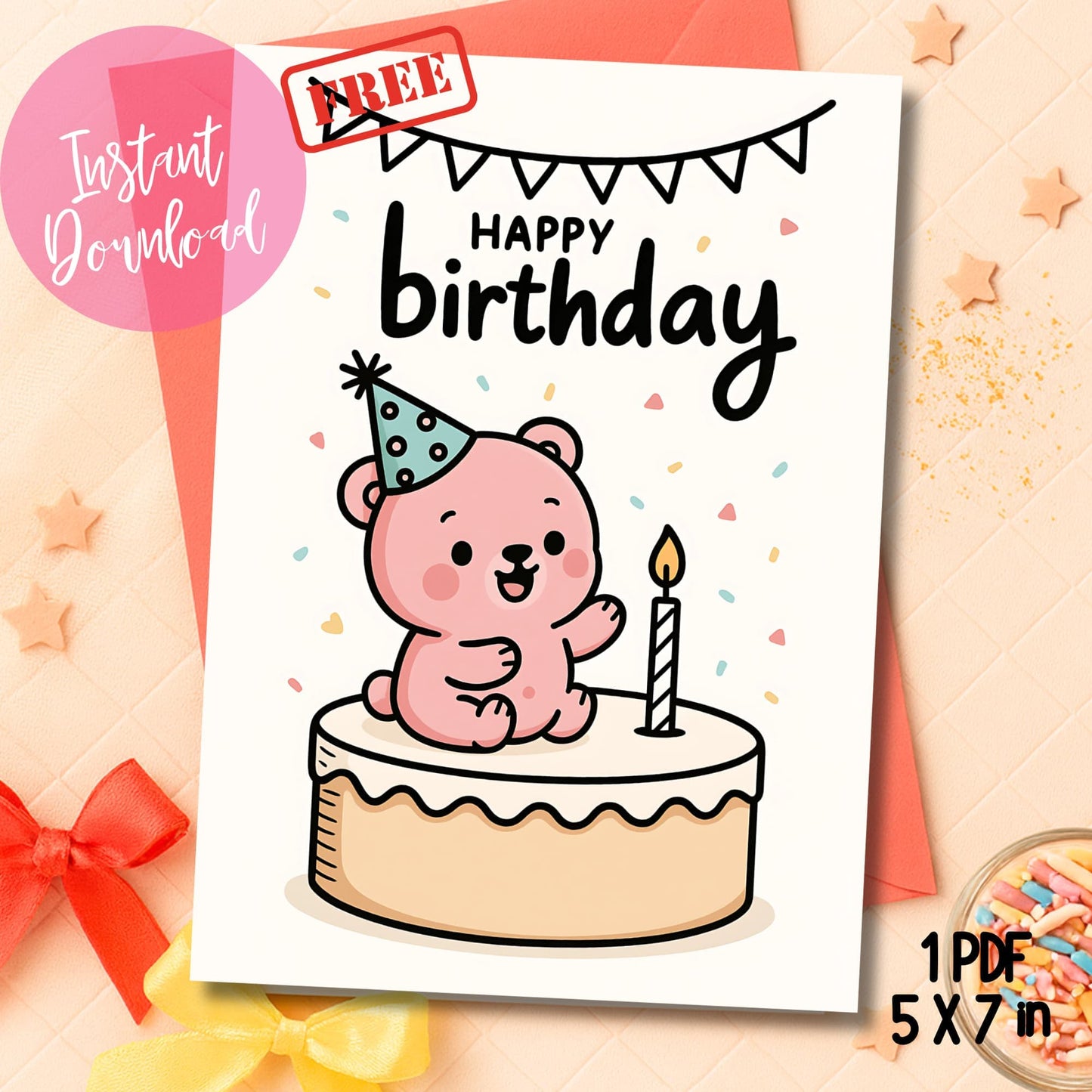 Digital bear cake topper card PDF with wish candle displayed with peach stars and ribbons