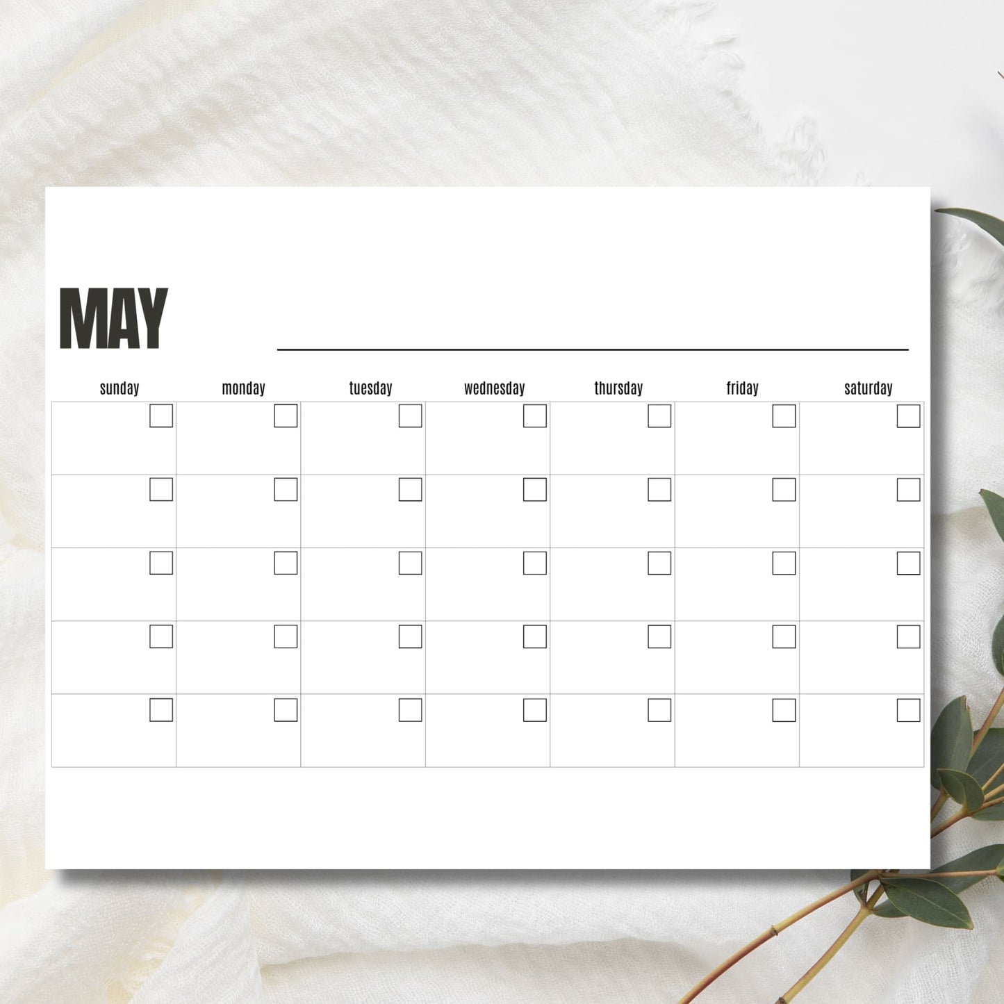 Digital download May calendar template blank monthly planner with minimal clean design layout