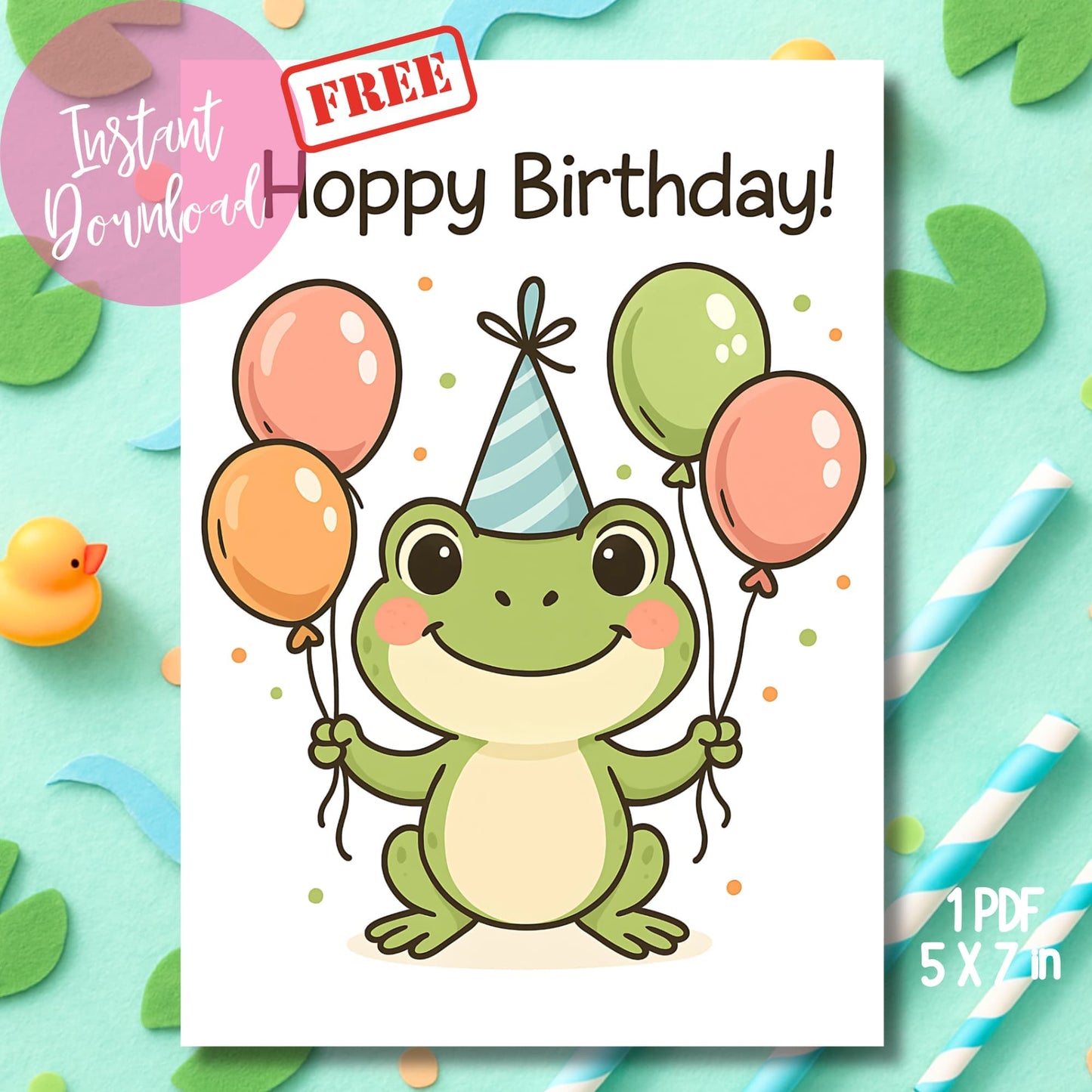 Digital frog birthday card PDF with balloons shown with yellow rubber duck and striped straws