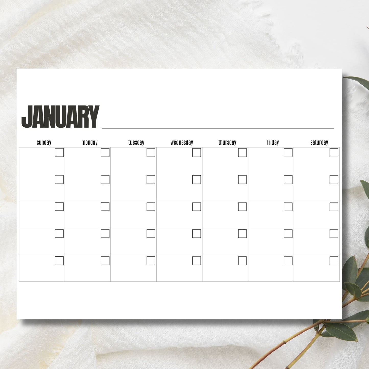Digital organizer for office and home organization January calendar with minimal clean design layout