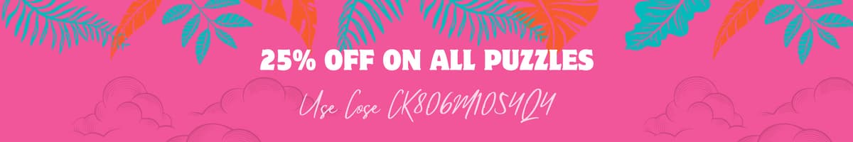Banner for Puzzle collection in colors pink, cyan blue and orange offering discount