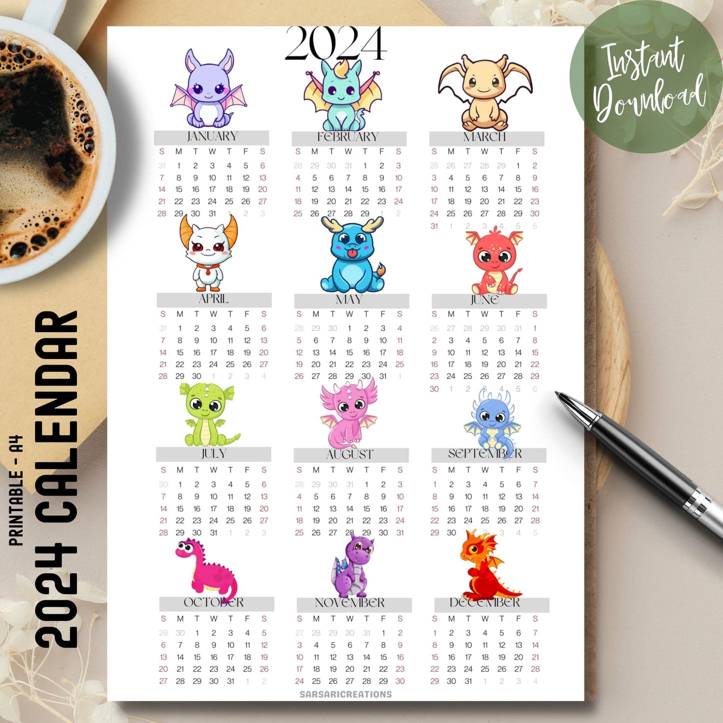 2024 full year dragon-themed calendar on brown desk with coffee cup on left and pen on right.